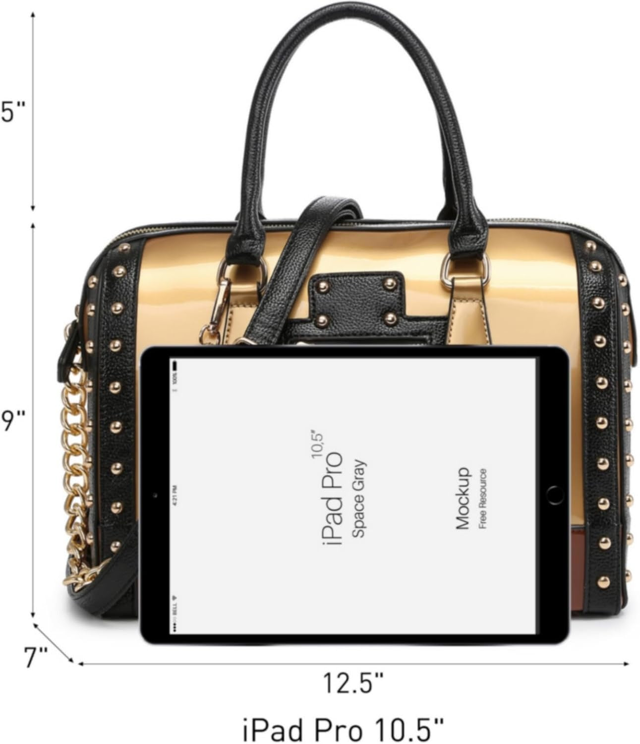 Women's Barrel Bag Shiny Patent Faux Leather Handbag with Rivet Decoration Top Handle Satchel Shoulder Purse