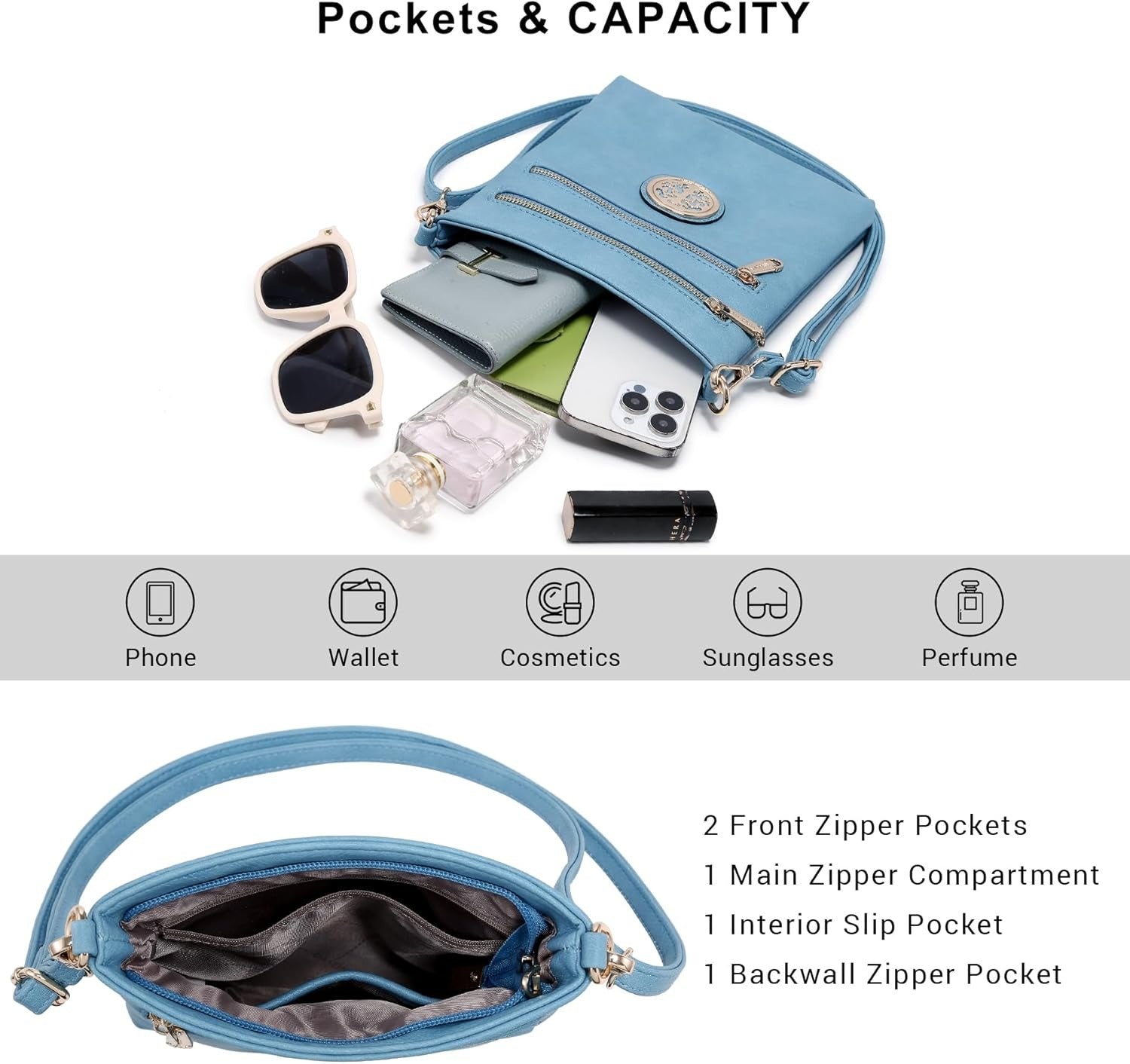 Women Small Crossbody Bag Lightweight Shoulder Purses Multi Zipper Pockets Phone Purse Handbag