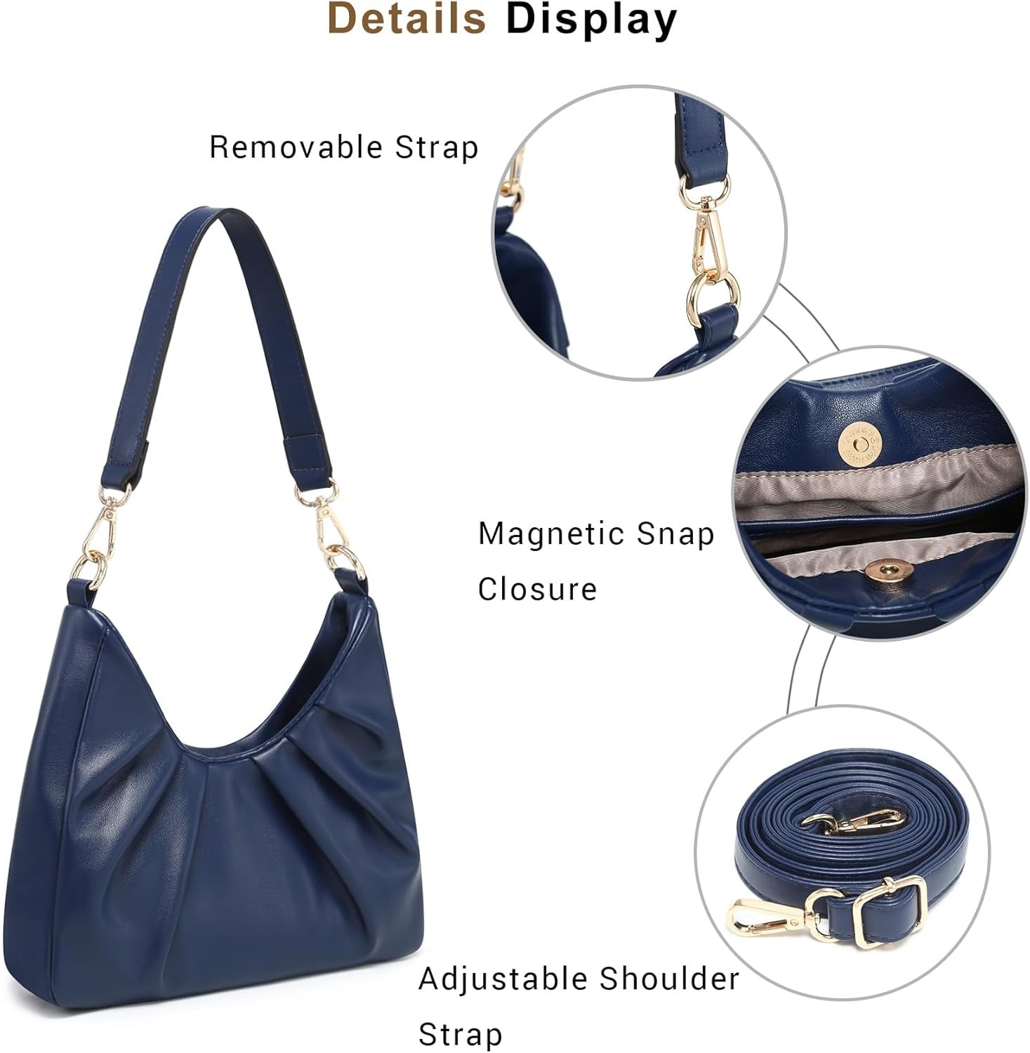 Ruched Hobo Handbag for Women Retro Shoulder Purse Crossbody Bag with 2 Removable Straps