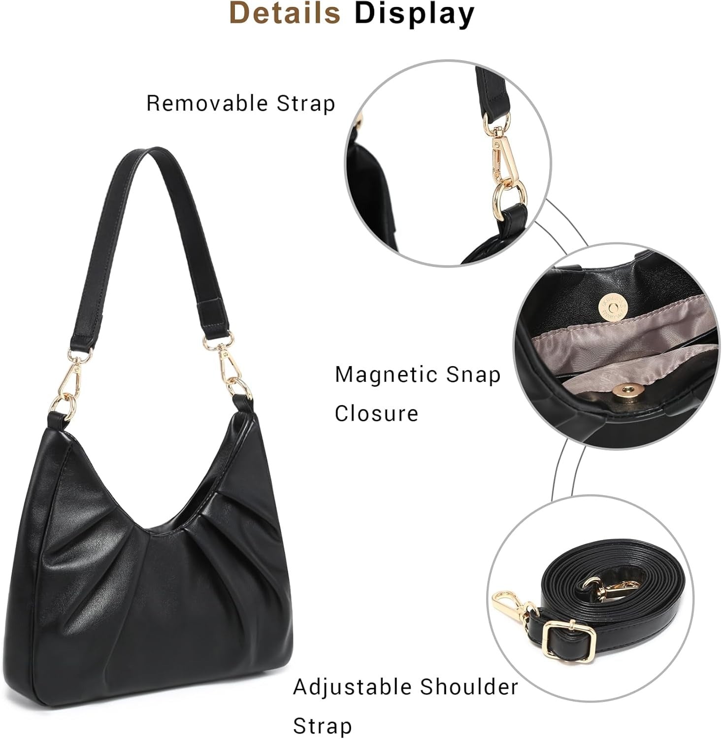 Ruched Hobo Handbag for Women Retro Shoulder Purse Crossbody Bag with 2 Removable Straps