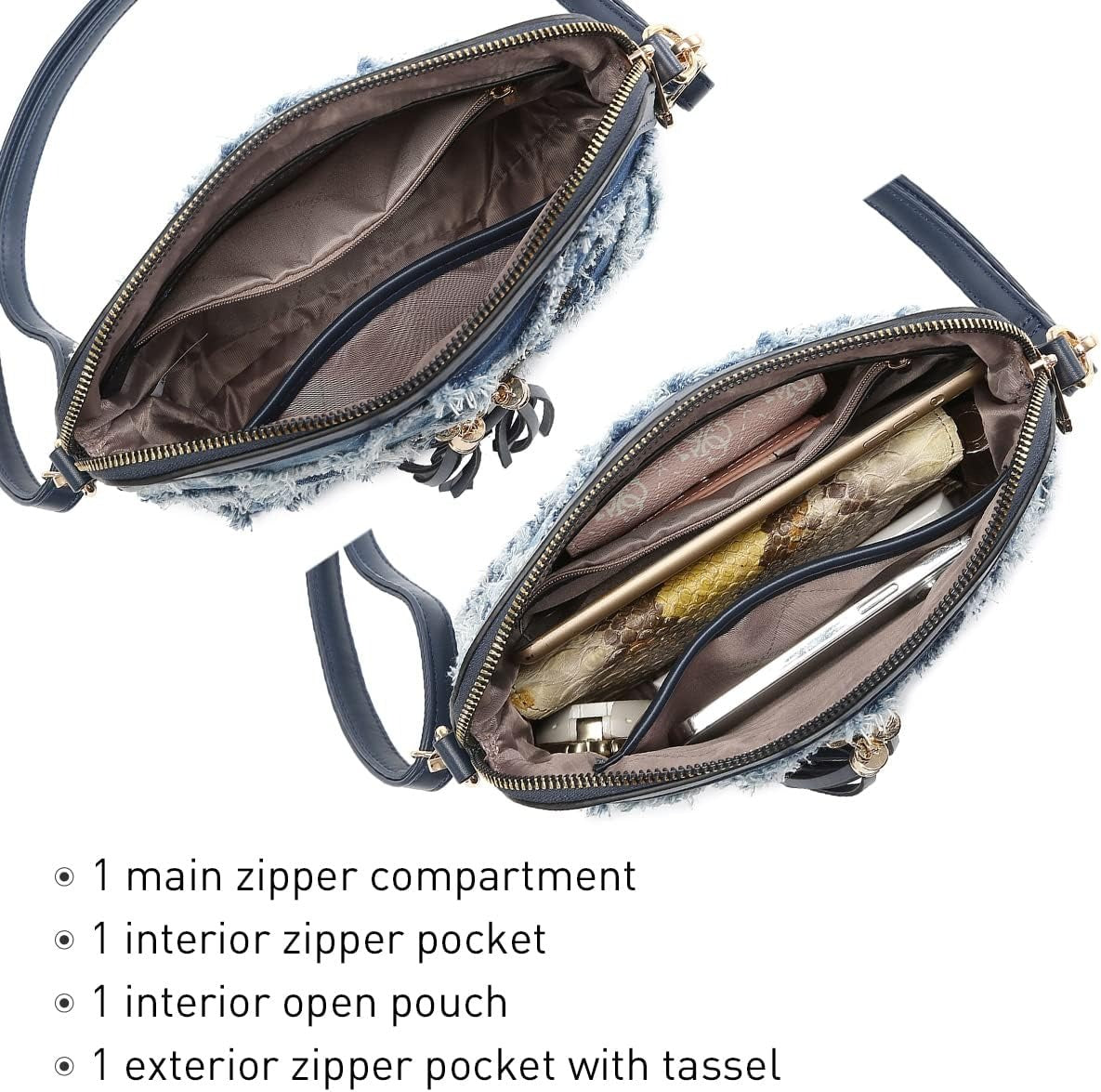 Women Jean Tassel Zipper Pocket Crossbody Bag Shoulder Purse
