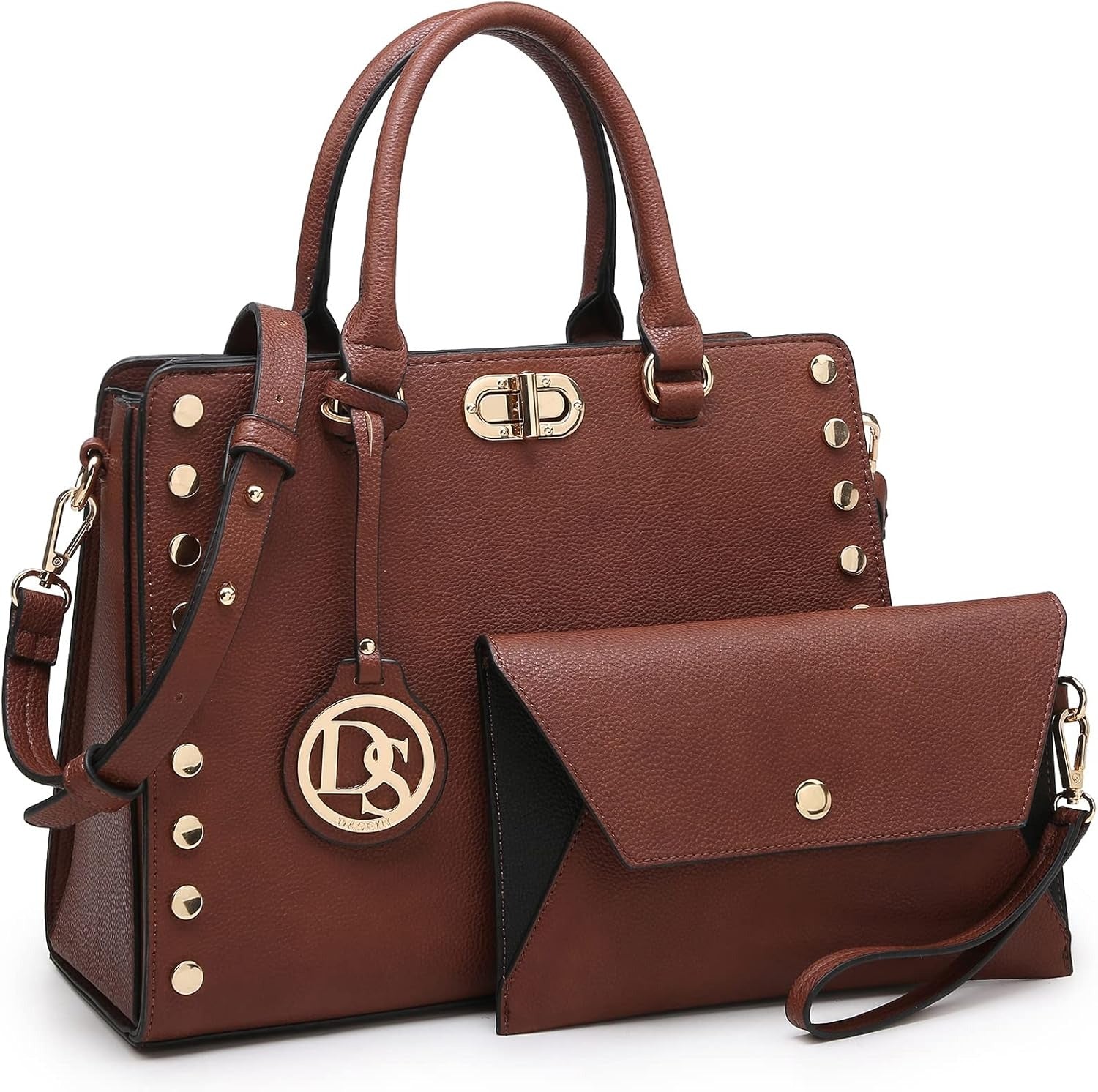 Women Medium Satchel Handbag Work Tote Shoulder Bag Top Handle Purse with Matching Clutch 2pcs Set