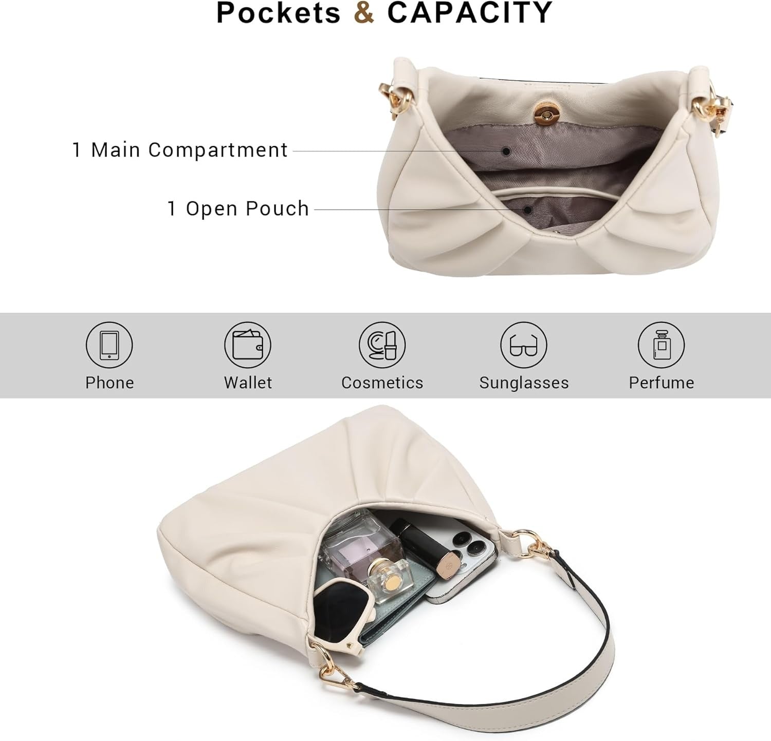 Ruched Hobo Handbag for Women Retro Shoulder Purse Crossbody Bag with 2 Removable Straps