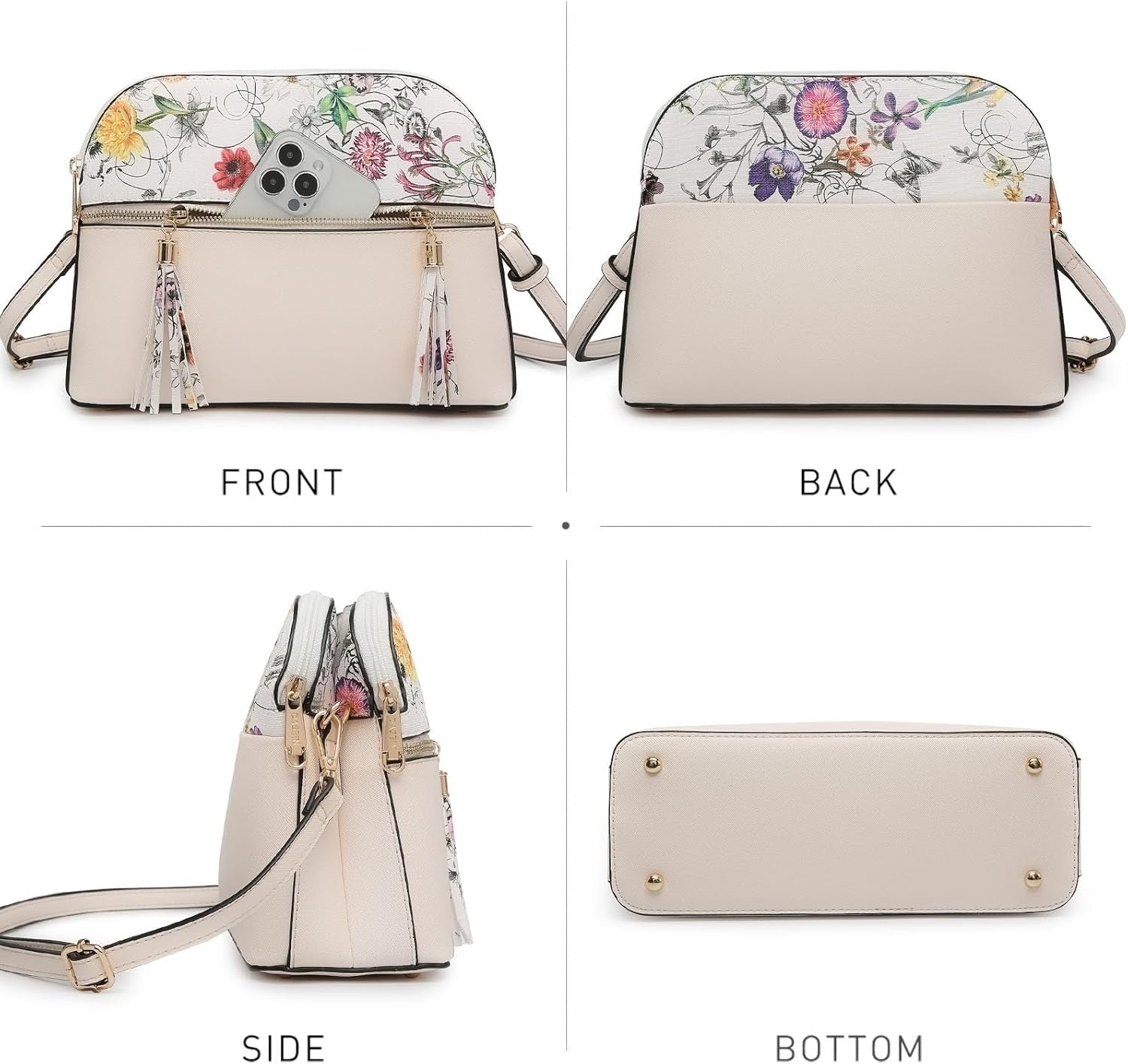 Women Tassel Zipper Pocket Crossbody Bag Shoulder Purse with Multi Pockets