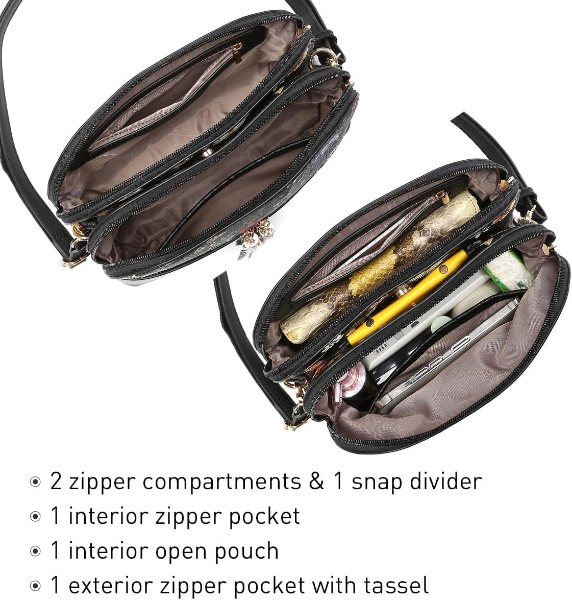 Women Tassel Zipper Pocket Crossbody Bag Shoulder Purse with Multi Pockets