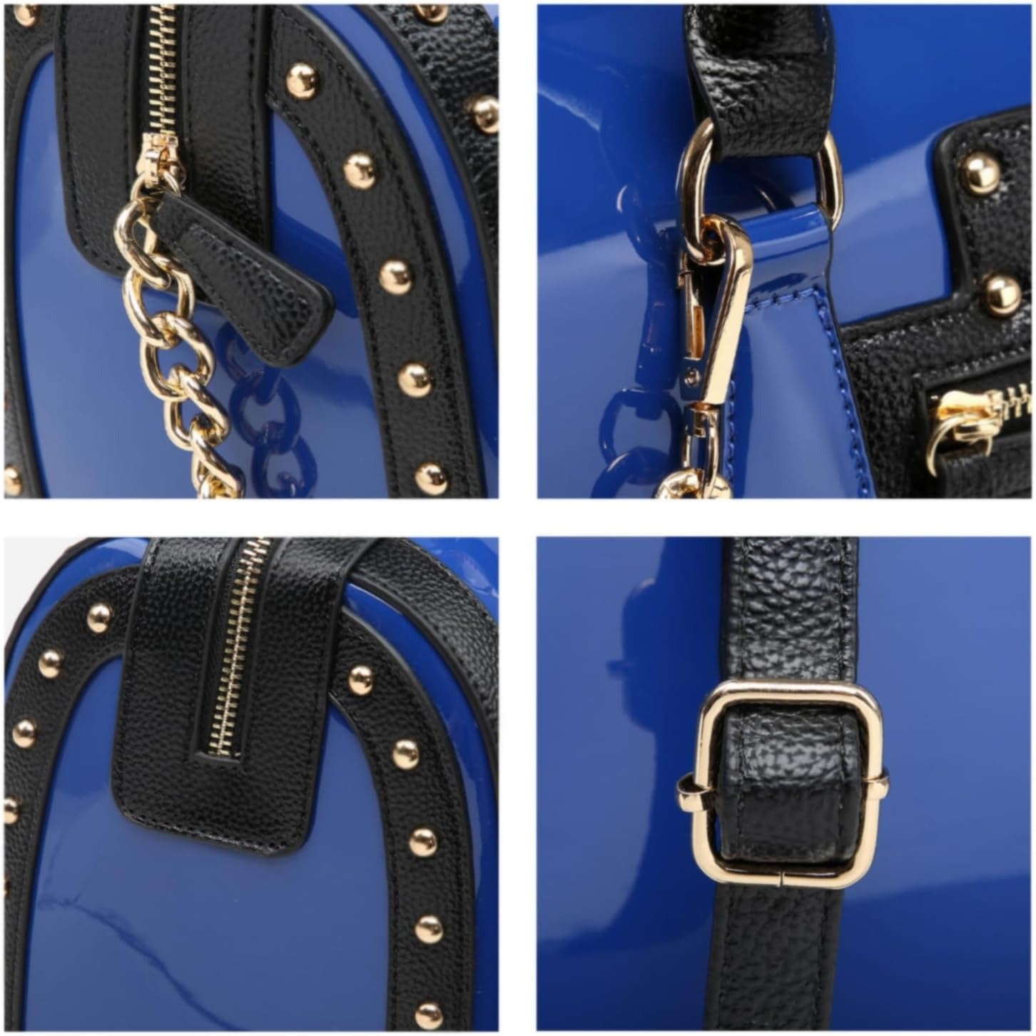 Women's Barrel Bag Shiny Patent Faux Leather Handbag with Rivet Decoration Top Handle Satchel Shoulder Purse