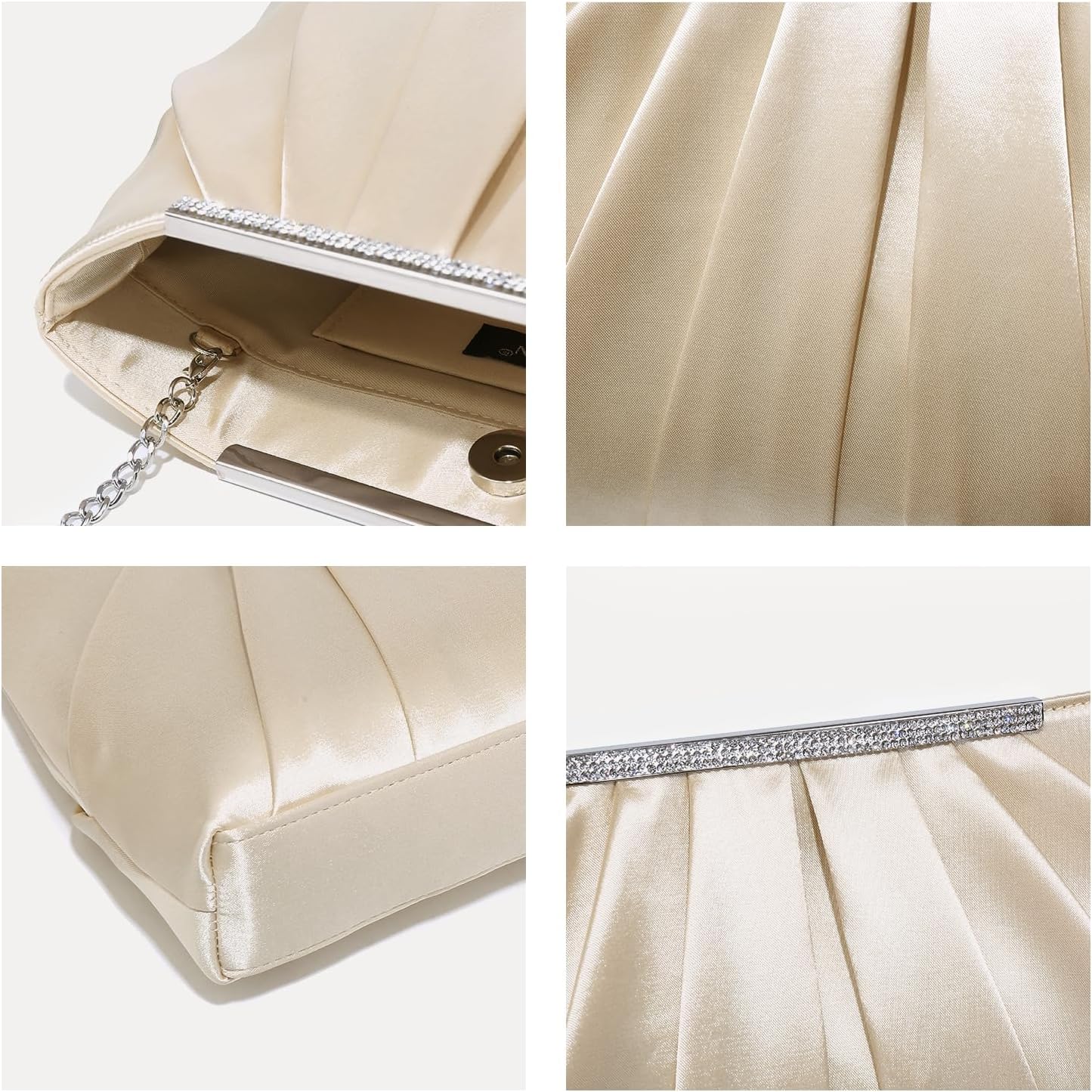 Elegant Pleated Evening Clutch Bags for Women Formal Handbags Purses for Wedding Party Prom with Sparkly Rhinestones