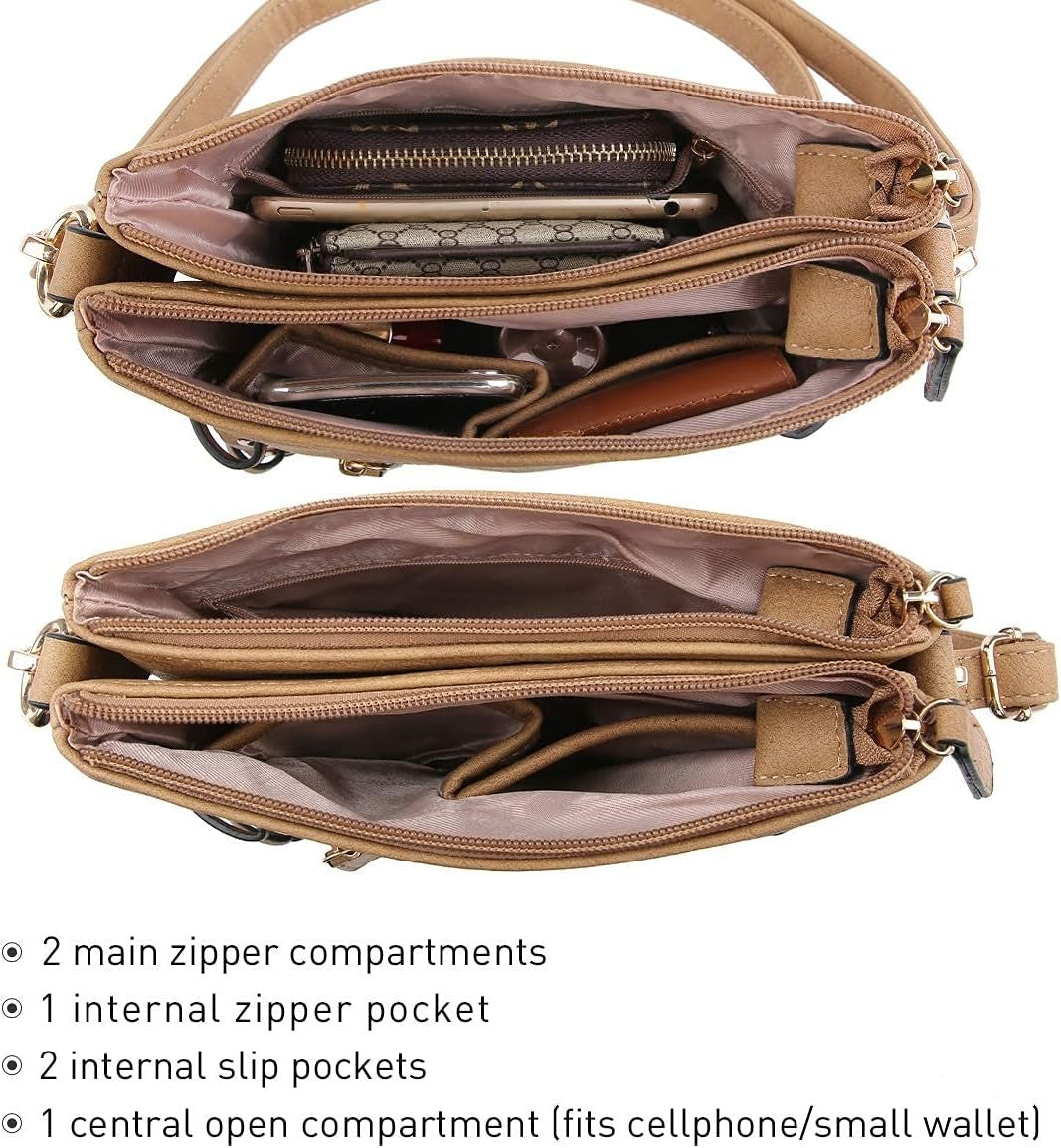 Women Lightweight Shoulder Purse Soft PU Leather Crossbody Bag Multi Pocket Travel Purses with Double Zipper