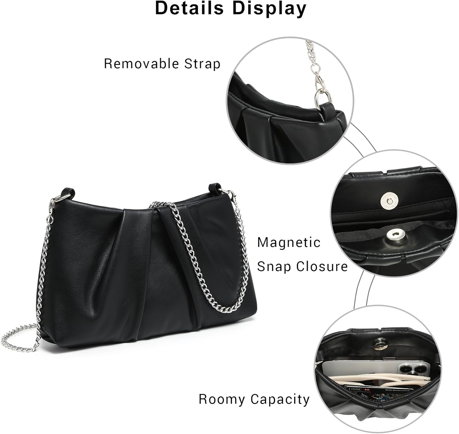 Elegant Pleated Evening Bag Soft Vegan Leather Clutch Purse Dressy Formal Handbag with 2 Chain Straps for Women