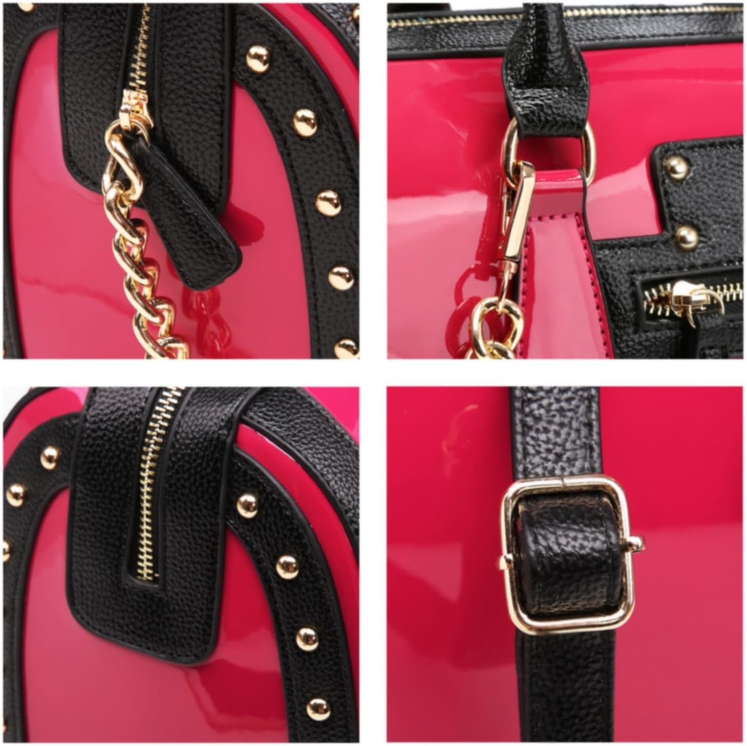 Women's Barrel Bag Shiny Patent Faux Leather Handbag with Rivet Decoration Top Handle Satchel Shoulder Purse