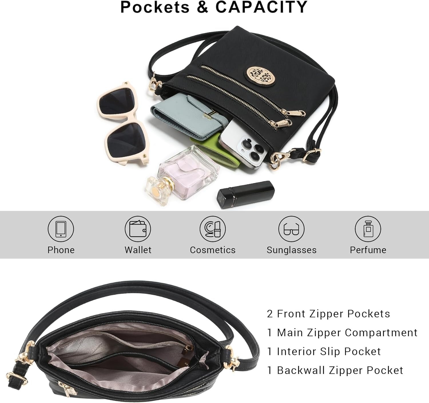 Women Small Crossbody Bag Lightweight Shoulder Purses Multi Zipper Pockets Phone Purse Handbag