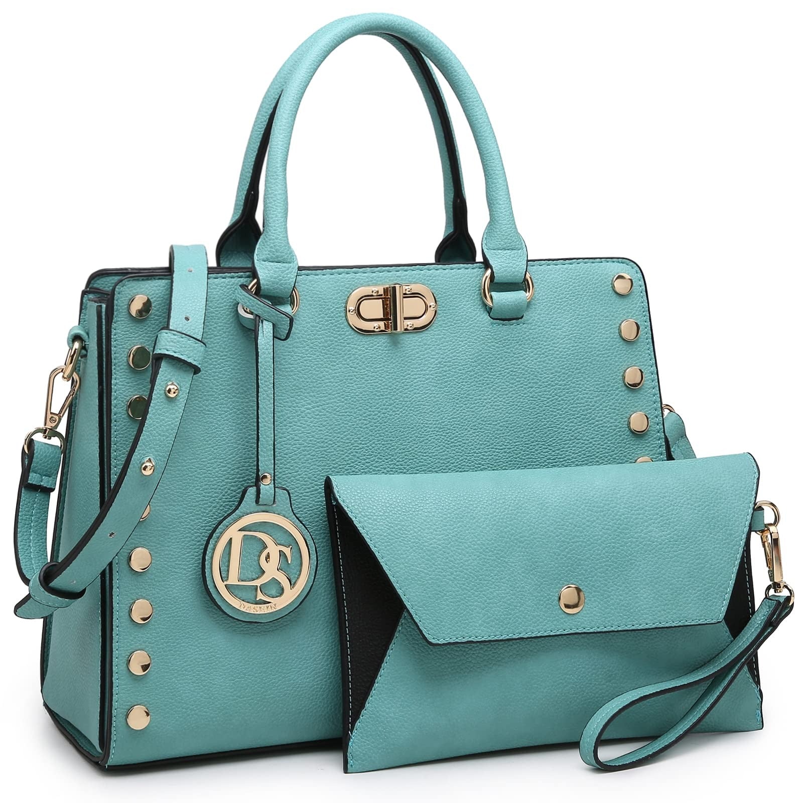 Women Medium Satchel Handbag Work Tote Shoulder Bag Top Handle Purse with Matching Clutch 2pcs Set