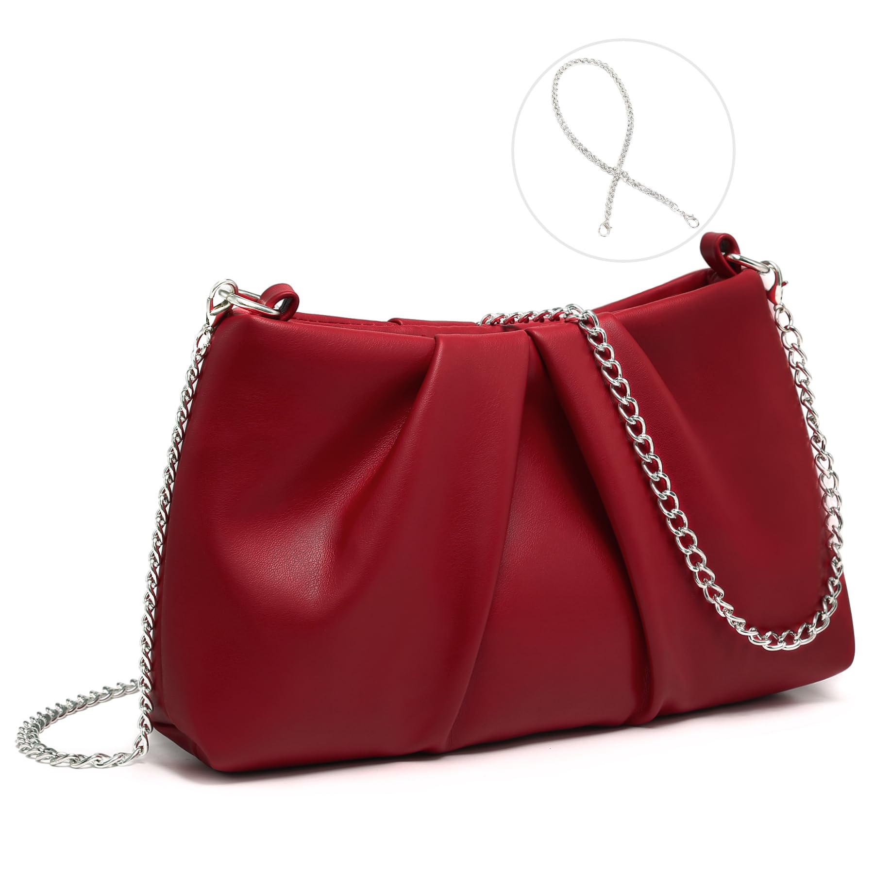 Elegant Pleated Evening Bag Soft Vegan Leather Clutch Purse Dressy Formal Handbag with 2 Chain Straps for Women