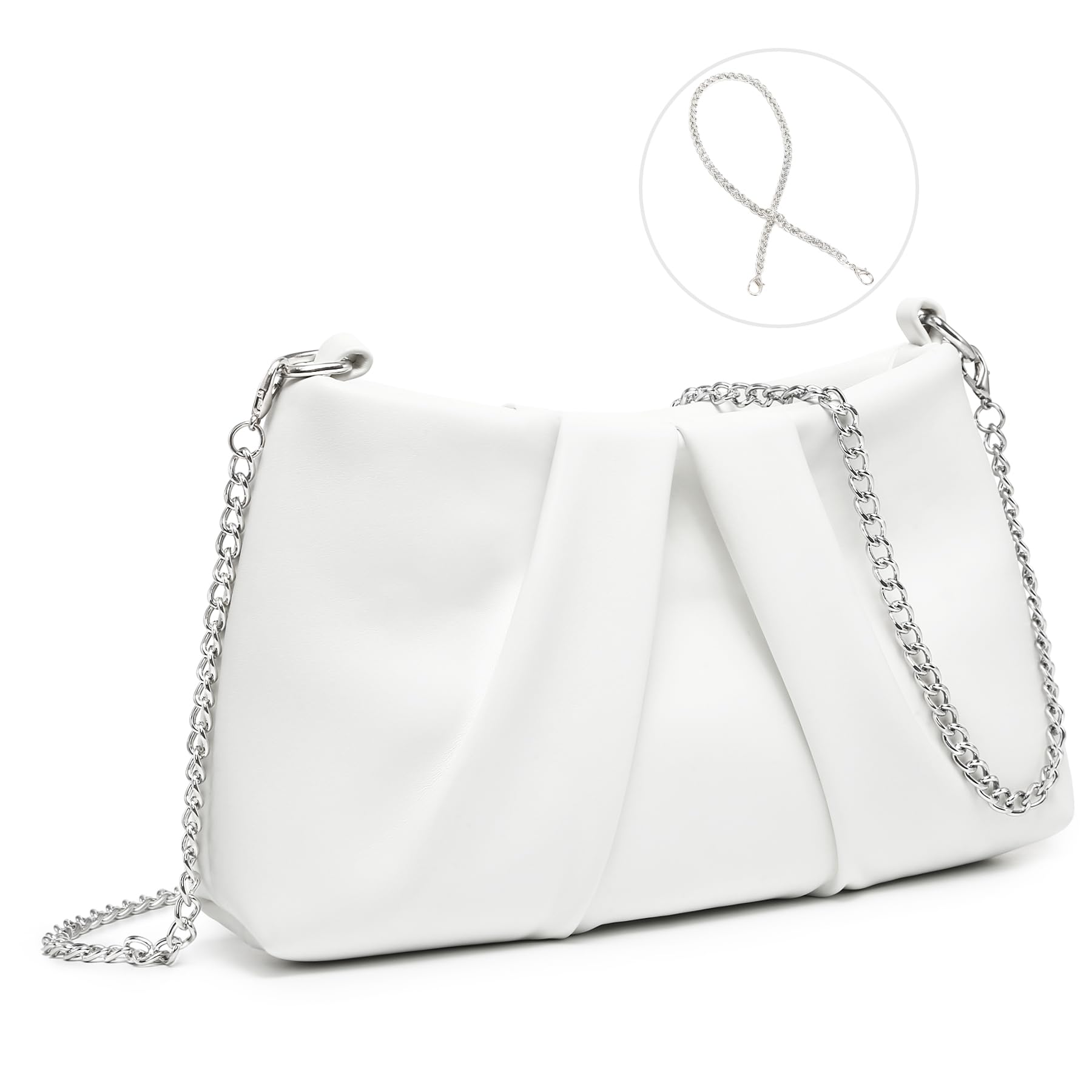 Elegant Pleated Evening Bag Soft Vegan Leather Clutch Purse Dressy Formal Handbag with 2 Chain Straps for Women