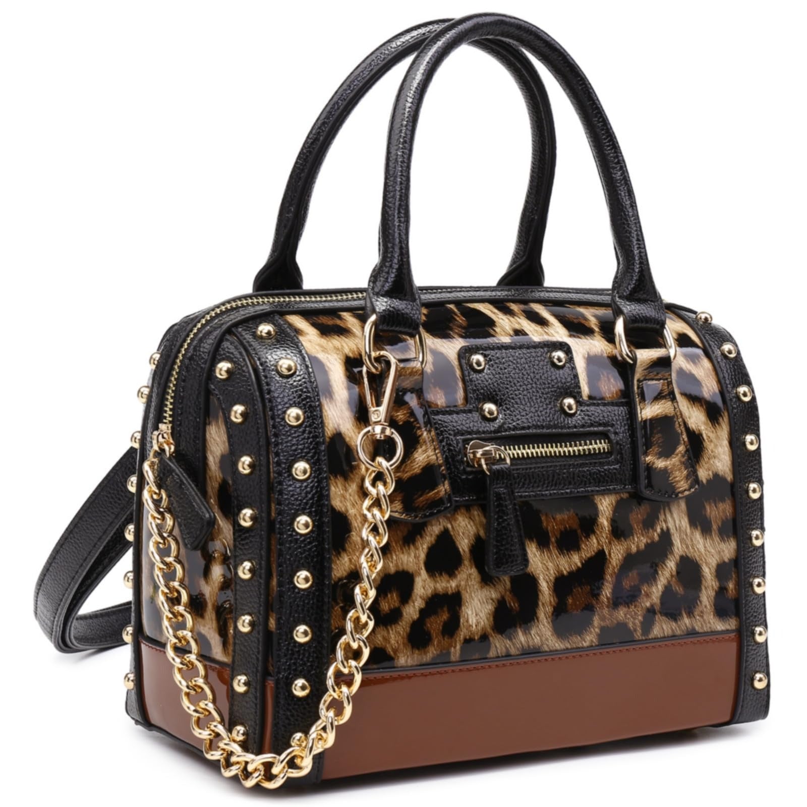 Women's Barrel Bag Shiny Patent Faux Leather Handbag with Rivet Decoration Top Handle Satchel Shoulder Purse