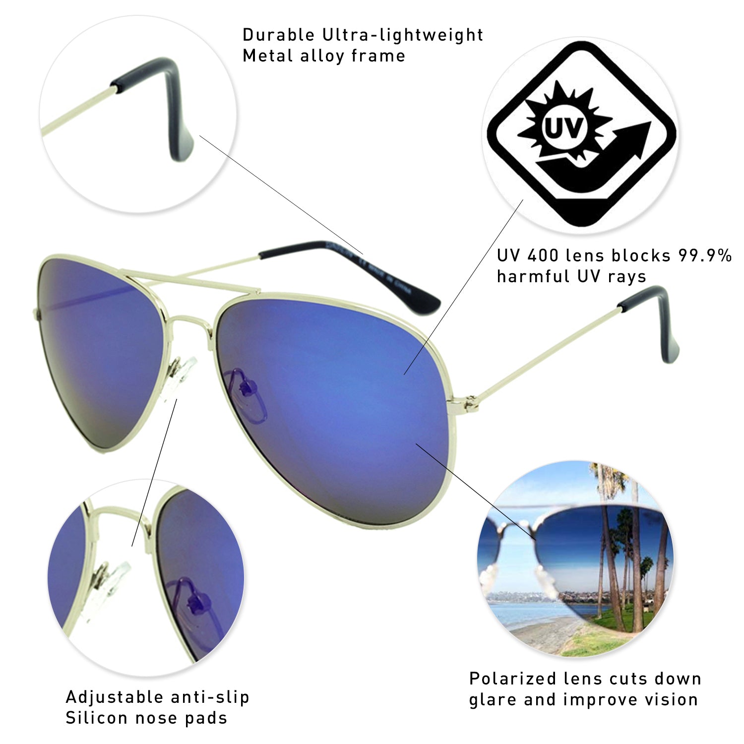 Unisex Classic Metal Sunglasses Polarized Color Lens Aviator Glasses