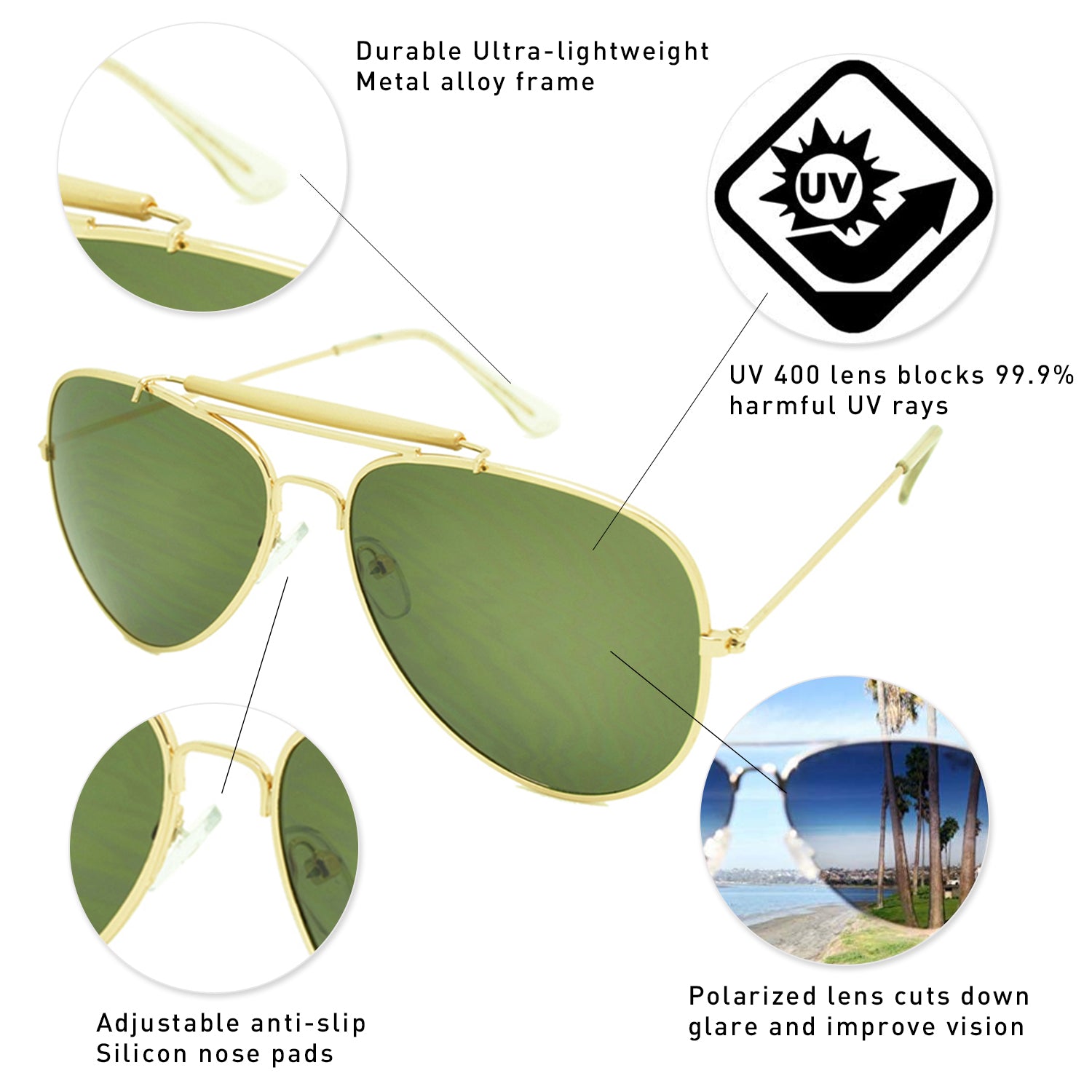 Dasein Metal Aviator Polarized Sunglasses with 100% UV Protection