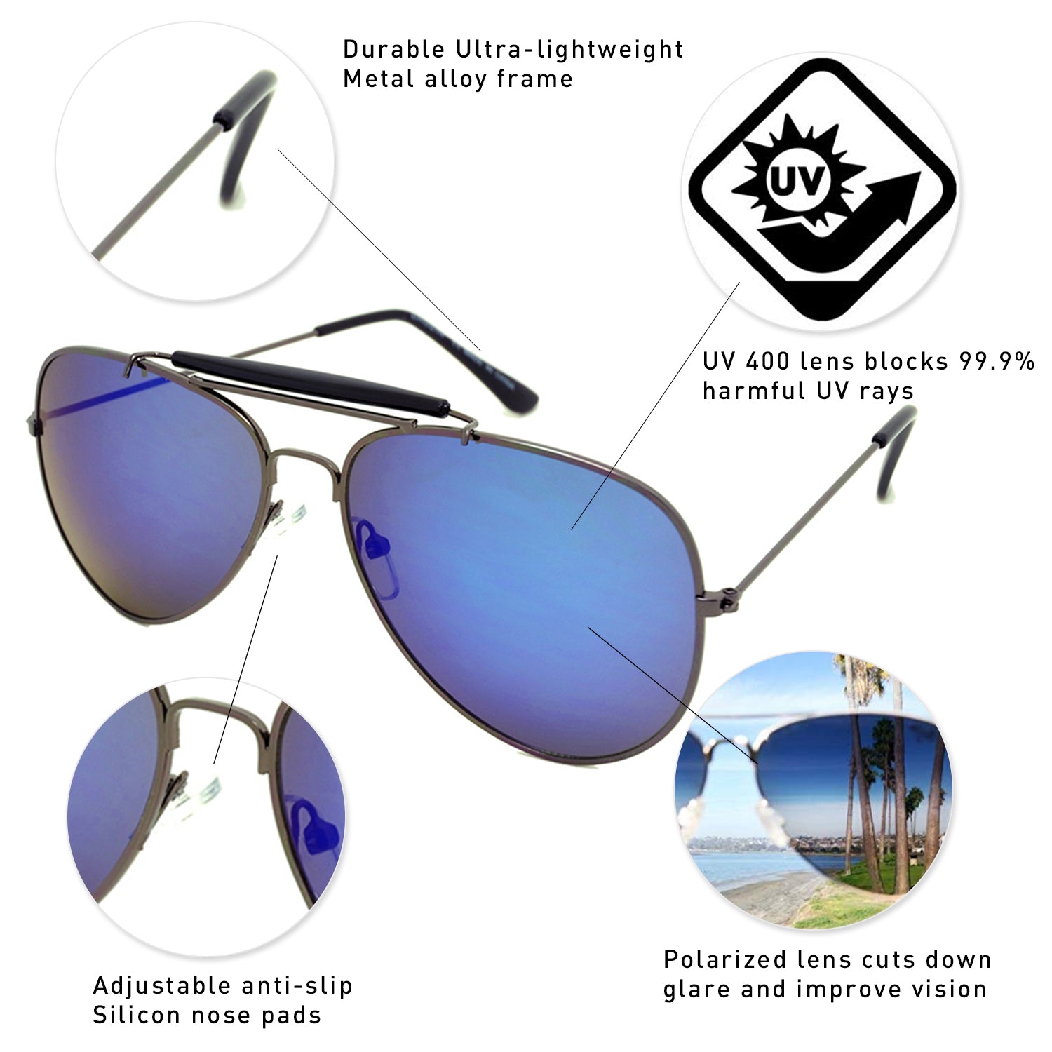 Dasein Metal Aviator Polarized Sunglasses with 100% UV Protection