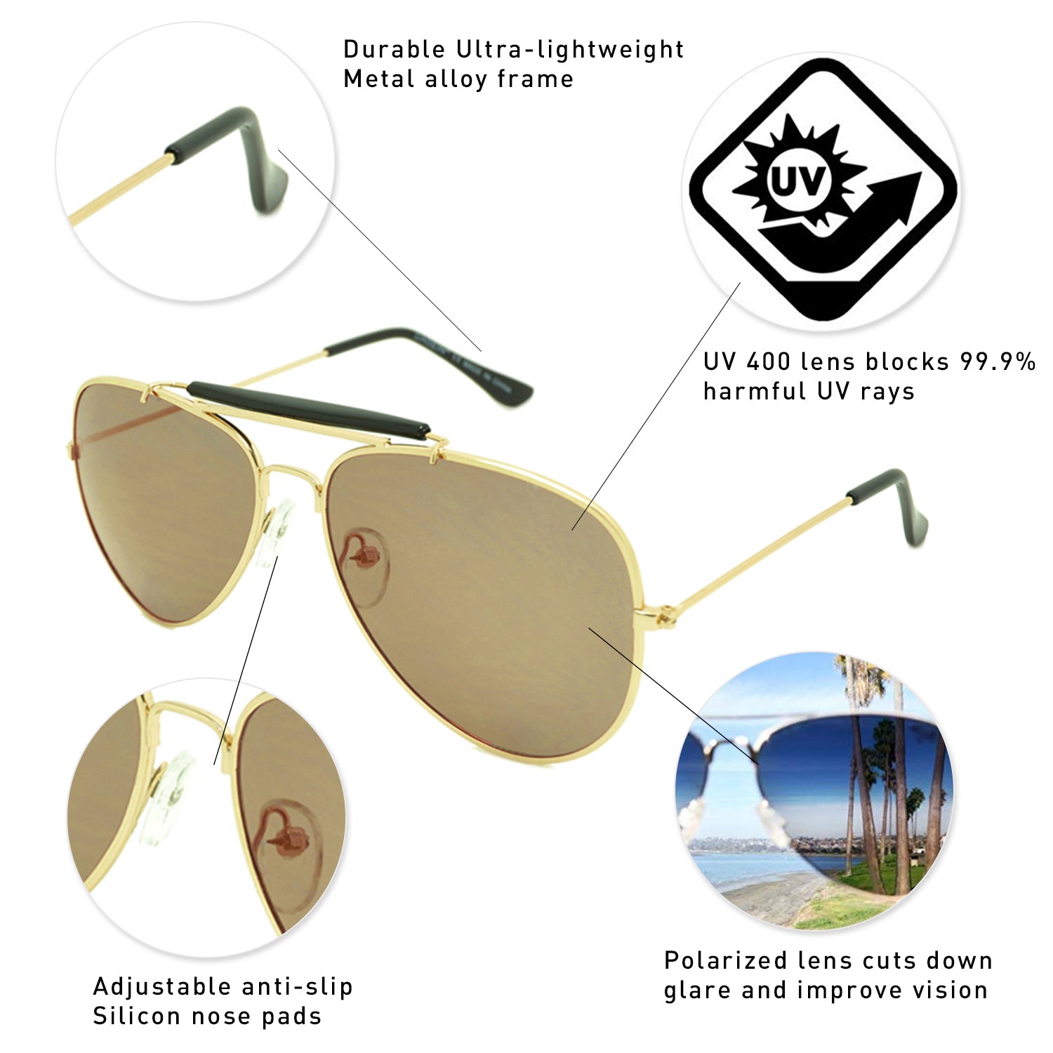 Dasein Metal Aviator Polarized Sunglasses with 100% UV Protection