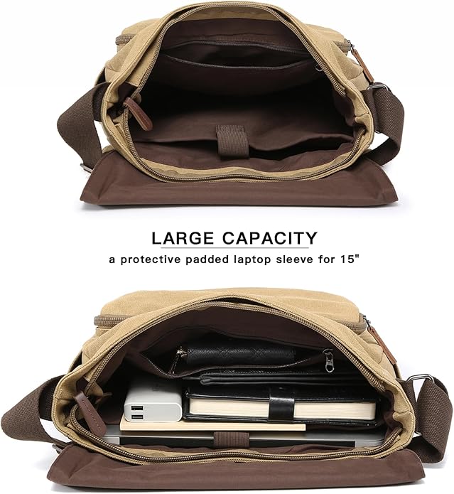 Large Vintage Canvas Messenger Shoulder Bag Travel Crossbody Purse Briefcase Business Bag for 15inch Laptop