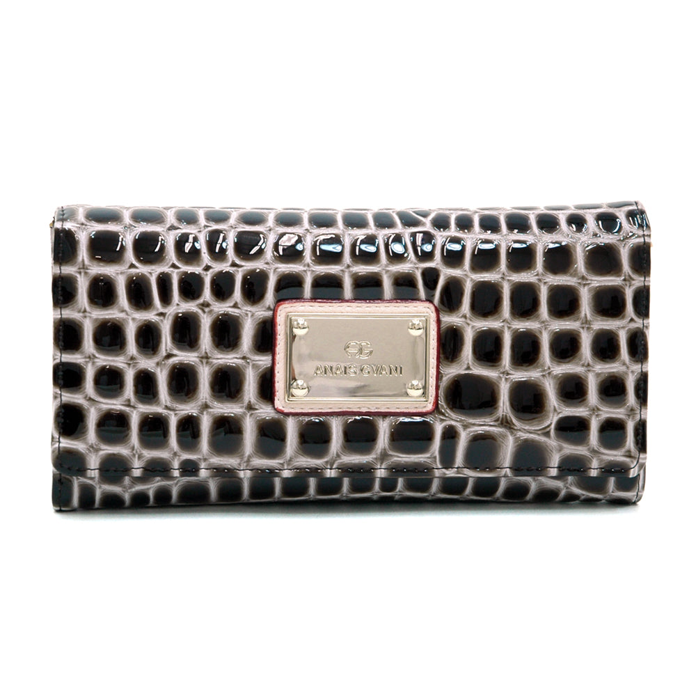 Dasein Women Crocodile Embossed Glossy Patent Leather Flap Wallet Clutch