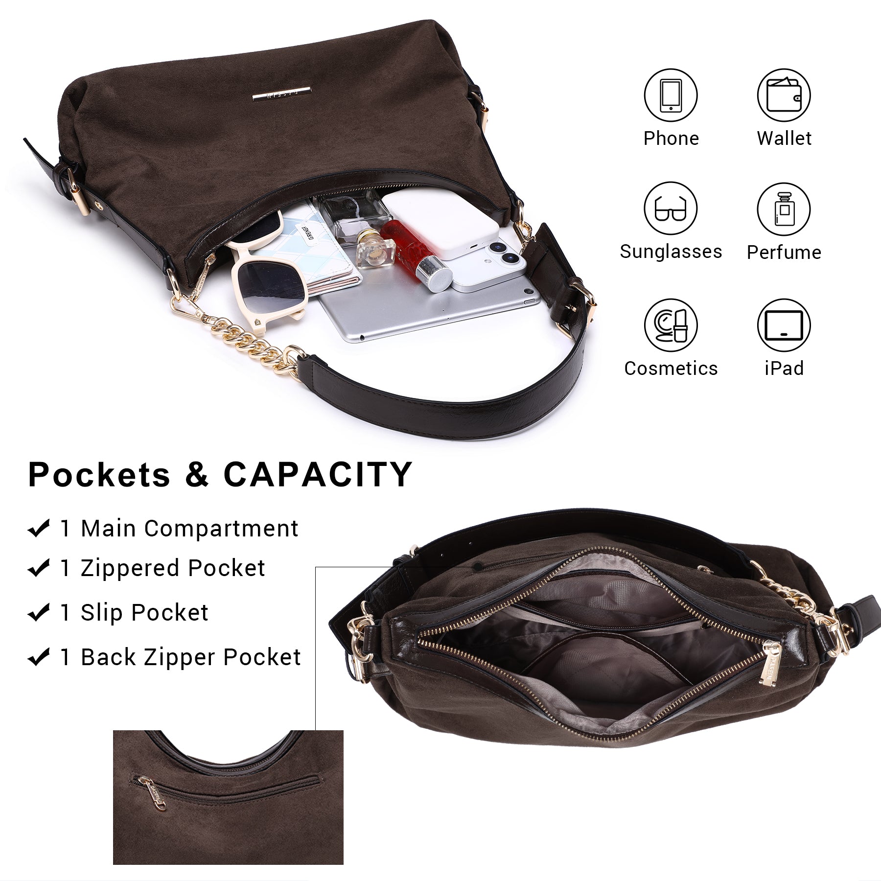 Womens Retro Hobo Bag Trendy Shoulder Purse Multi-Pocket Handbags Tote for Work/Shopping/Travel