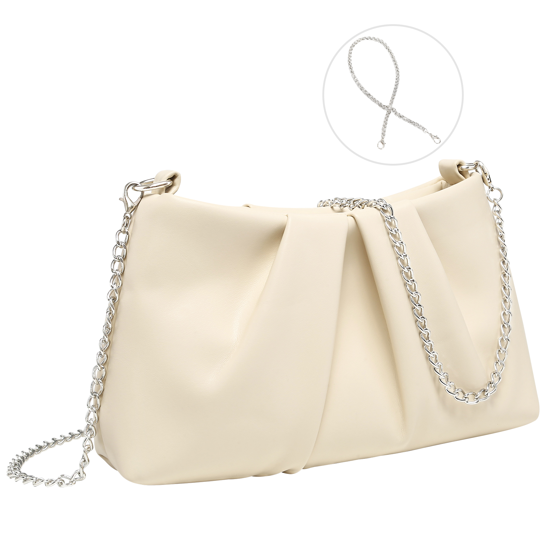 Elegant Pleated Evening Bag Soft Vegan Leather Clutch Purse Dressy Formal Handbag with 2 Chain Straps for Women