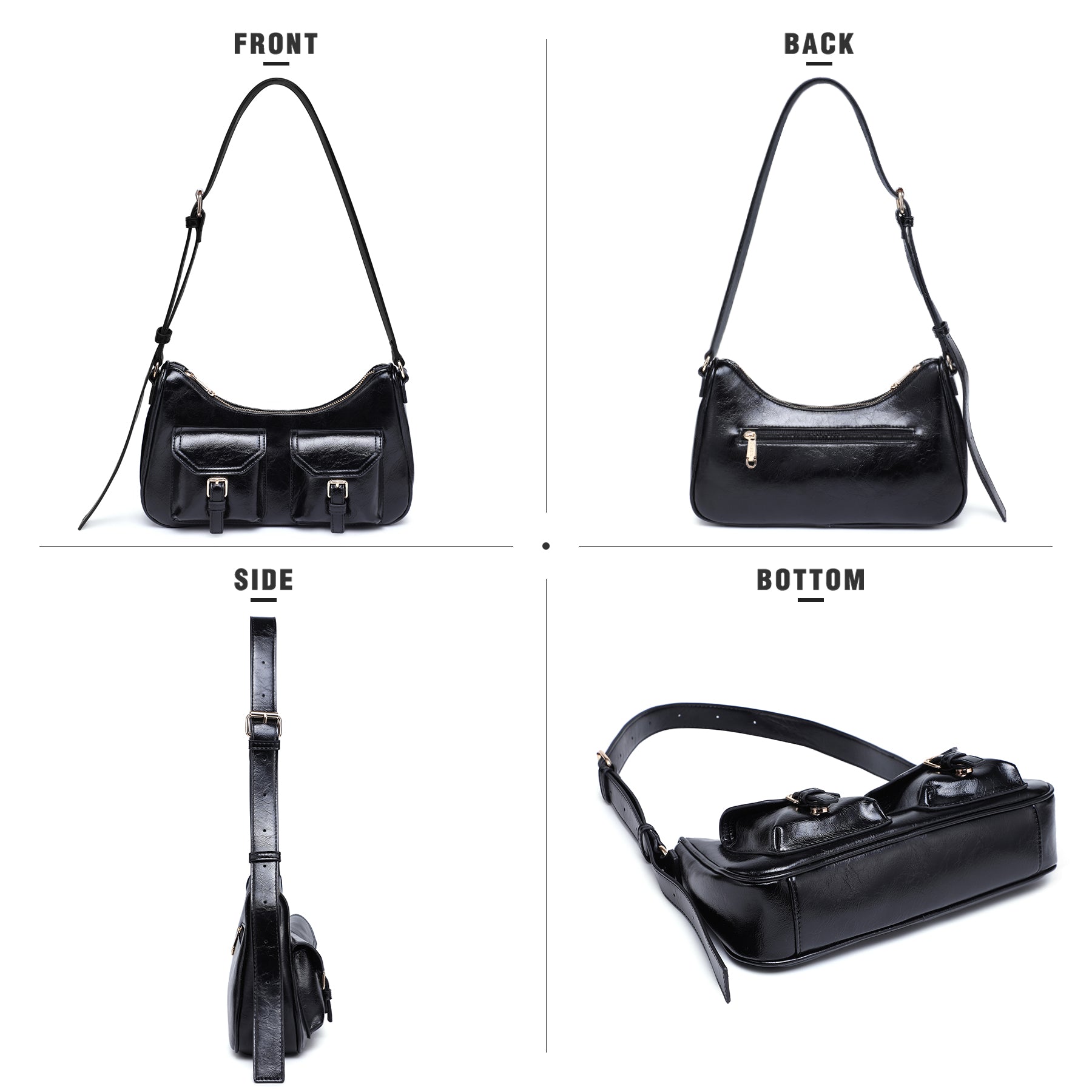 Retro Shoulder Purse for Women Faux Oiled Leather Hobo Bag Y2K Handbag with Buckle Pockets