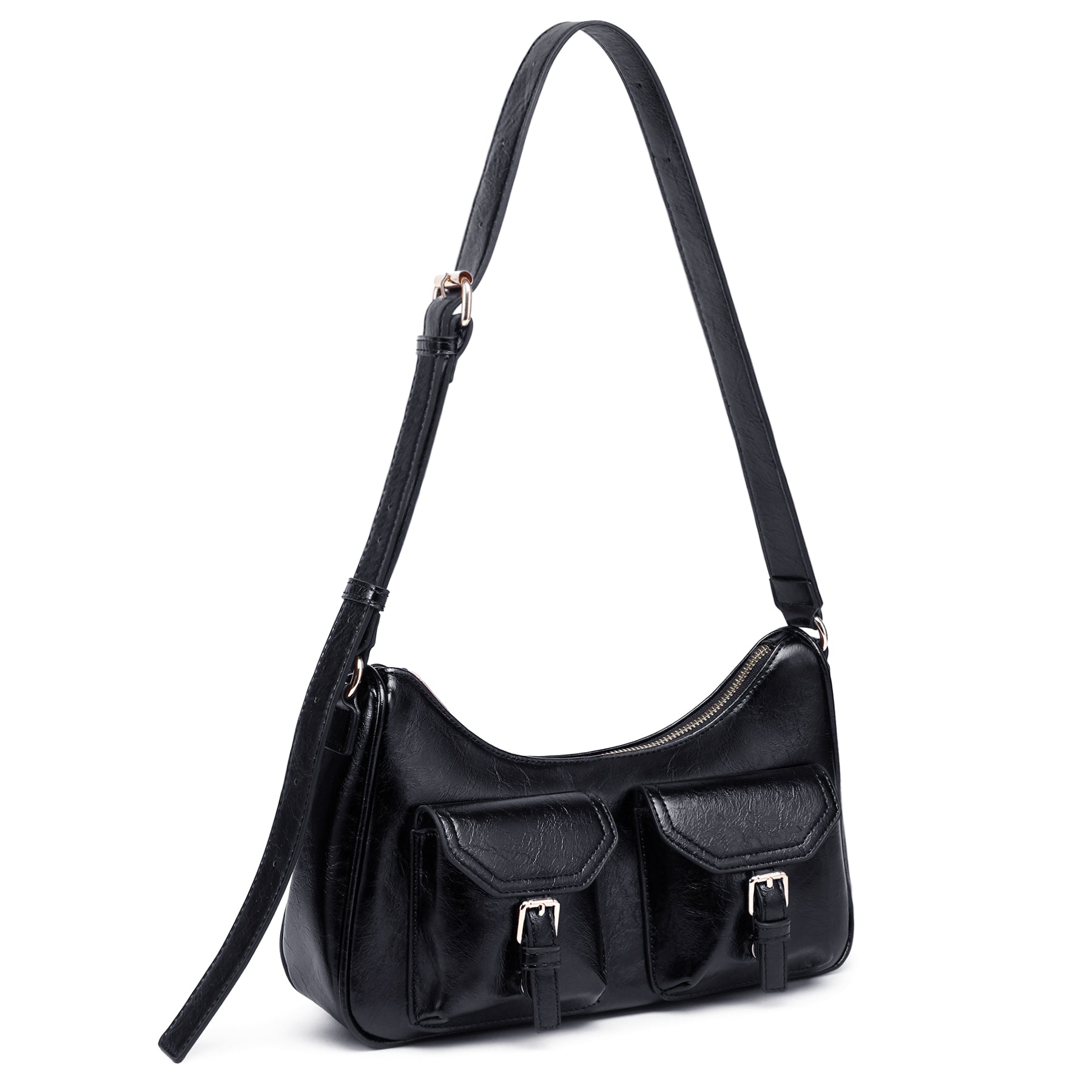 Retro Shoulder Purse for Women Faux Oiled Leather Hobo Bag Y2K Handbag with Buckle Pockets