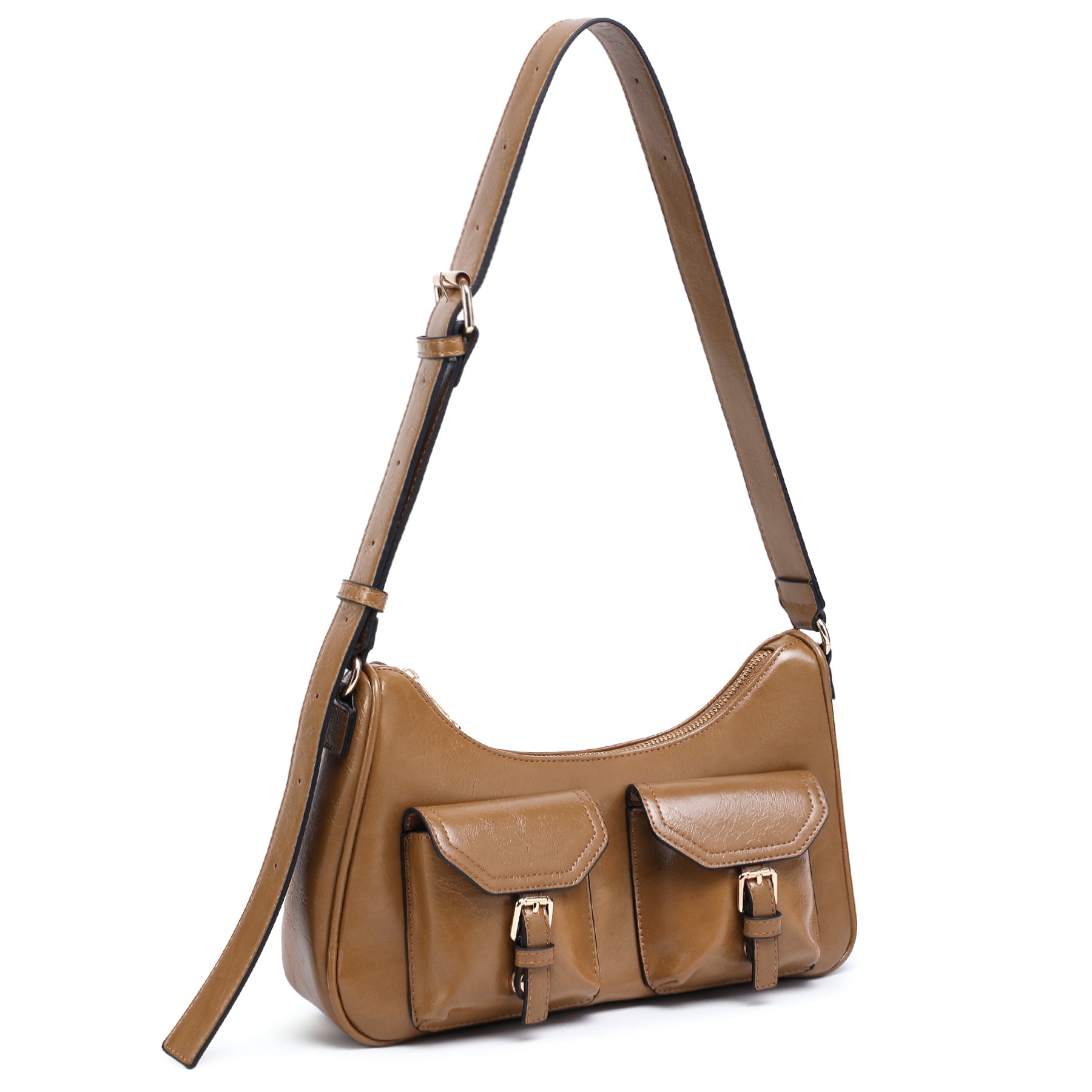 Retro Shoulder Purse for Women Faux Oiled Leather Hobo Bag Y2K Handbag with Buckle Pockets