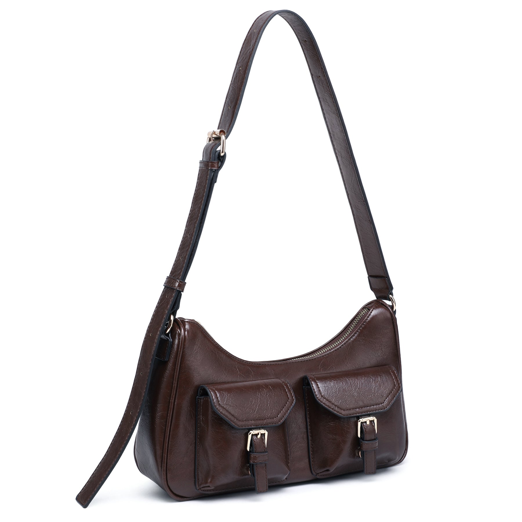 Retro Shoulder Purse for Women Faux Oiled Leather Hobo Bag Y2K Handbag with Buckle Pockets