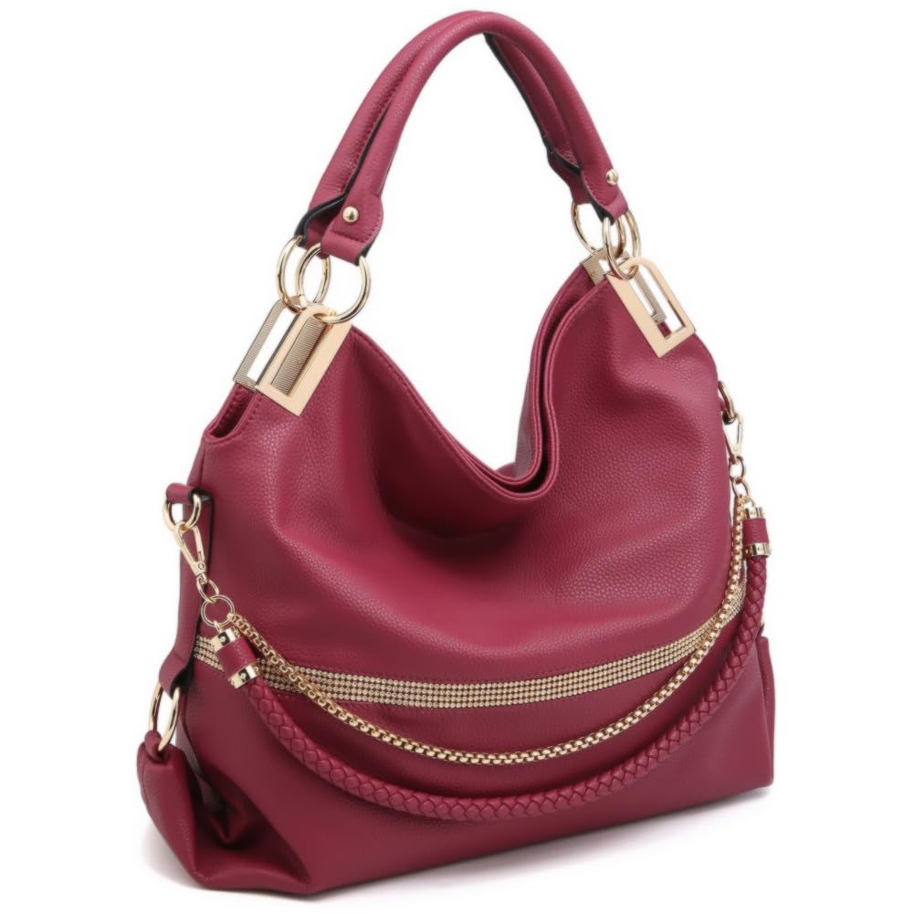 Women's Large Hobo Bag with Rhinestone Accents Vegan Leather Tote Purse Shoulder Handbag for Ladies