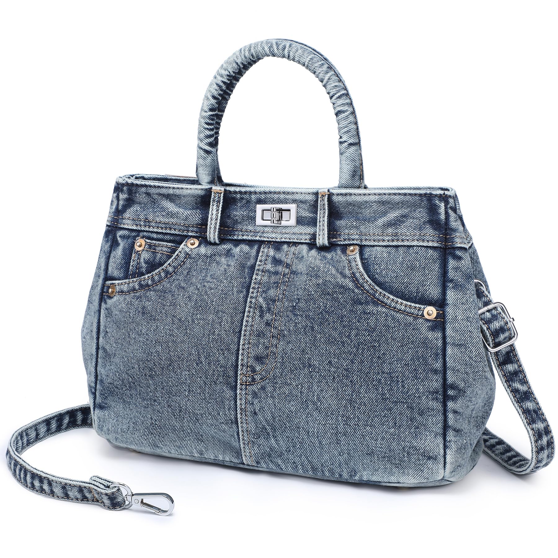 Trendy Denim Crossbody Bag Lightweight Satchel Shoulder Purse Handbag for Women w/Turn-Lock/Long Strap/Top Handle