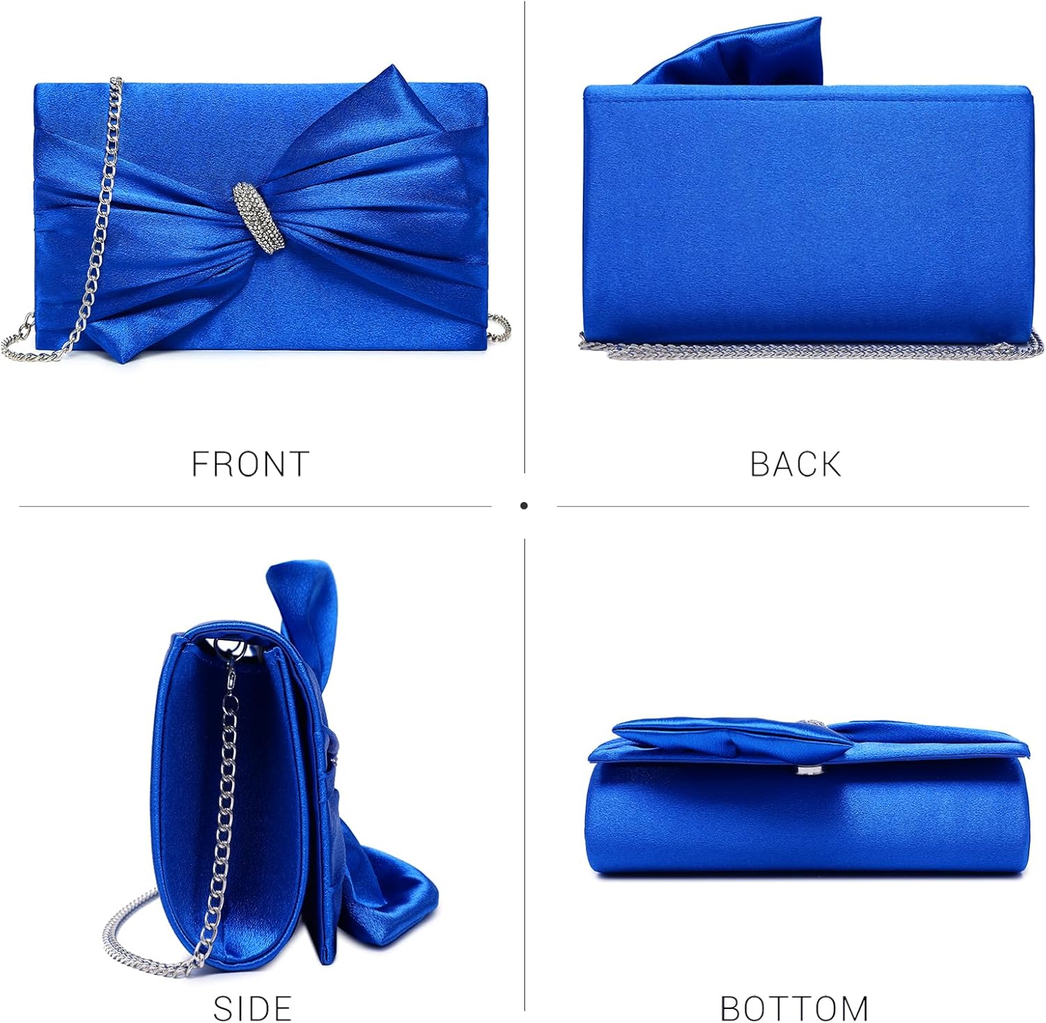 Women Elegant Satin Bow Flap Evening Bag Rhinestone Clutch Purse Handbag Formal/Wedding/Prom/Party