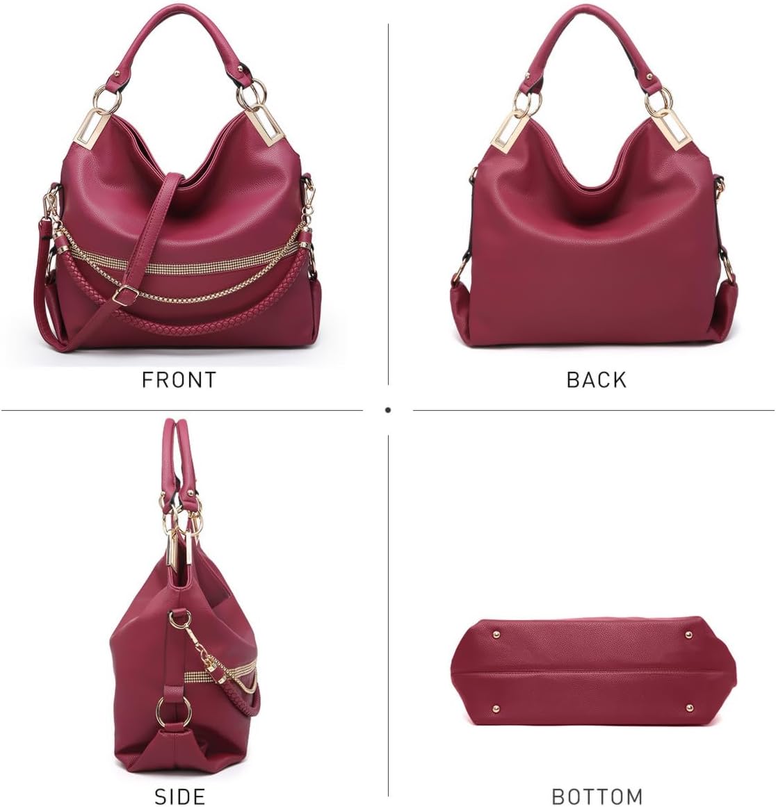 Women's Large Hobo Bag with Rhinestone Accents Vegan Leather Tote Purse Shoulder Handbag for Ladies