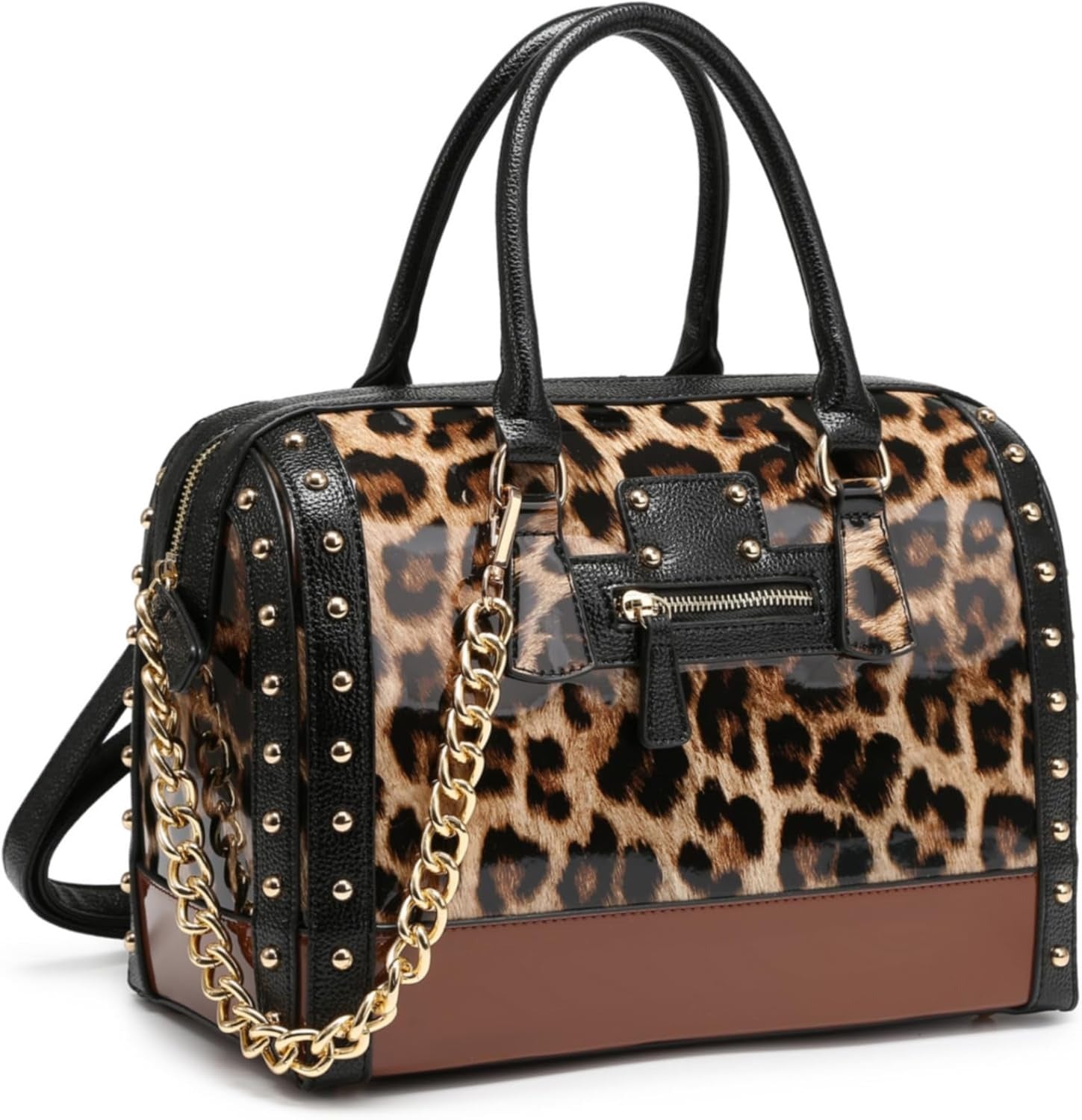 Women's Barrel Bag Shiny Patent Faux Leather Handbag with Rivet Decoration Top Handle Satchel Shoulder Purse
