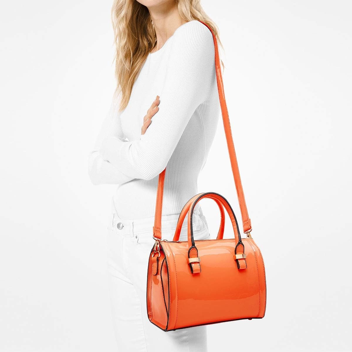 Shiny Patent Faux Leather Handbags Barrel Top Handle Purse Satchel Bag Shoulder Bag for Women