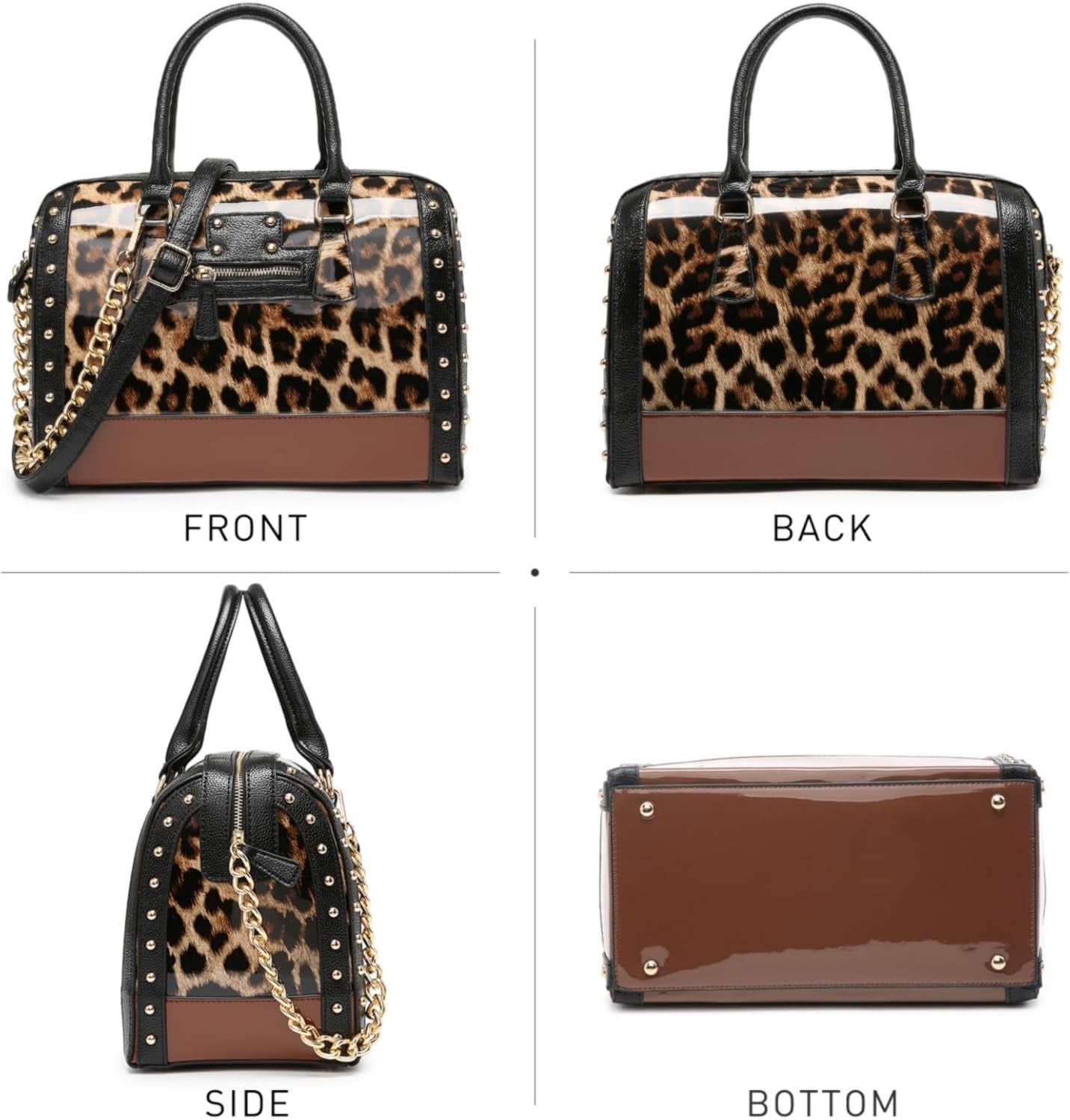 Women's Barrel Bag Shiny Patent Faux Leather Handbag with Rivet Decoration Top Handle Satchel Shoulder Purse