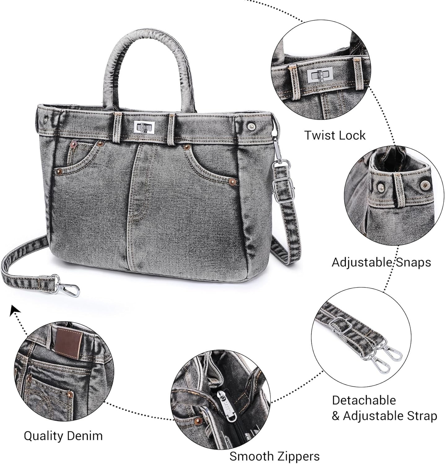 Trendy Denim Crossbody Bag Lightweight Satchel Shoulder Purse Handbag for Women w/Turn-Lock/Long Strap/Top Handle