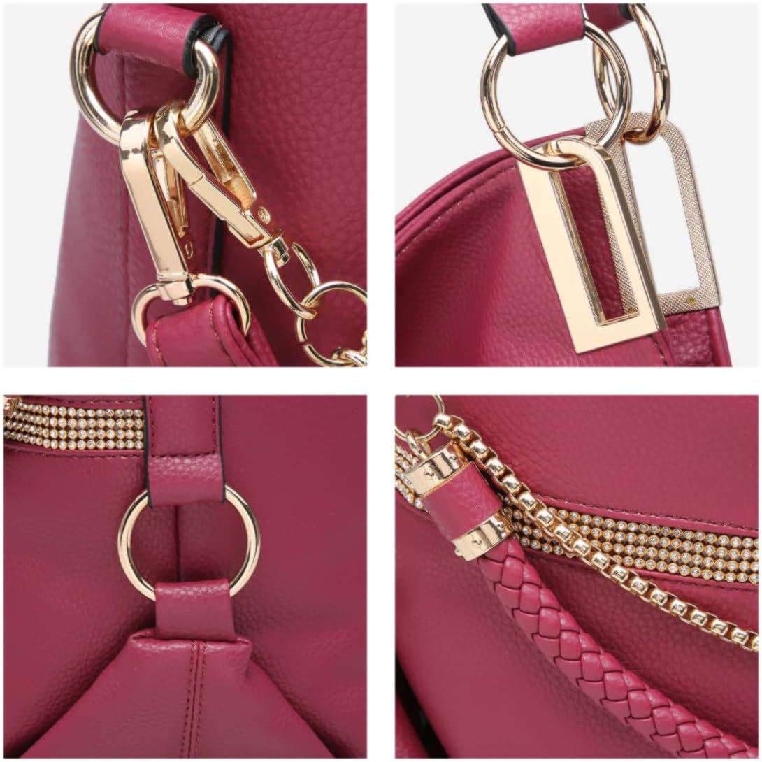 Women's Large Hobo Bag with Rhinestone Accents Vegan Leather Tote Purse Shoulder Handbag for Ladies