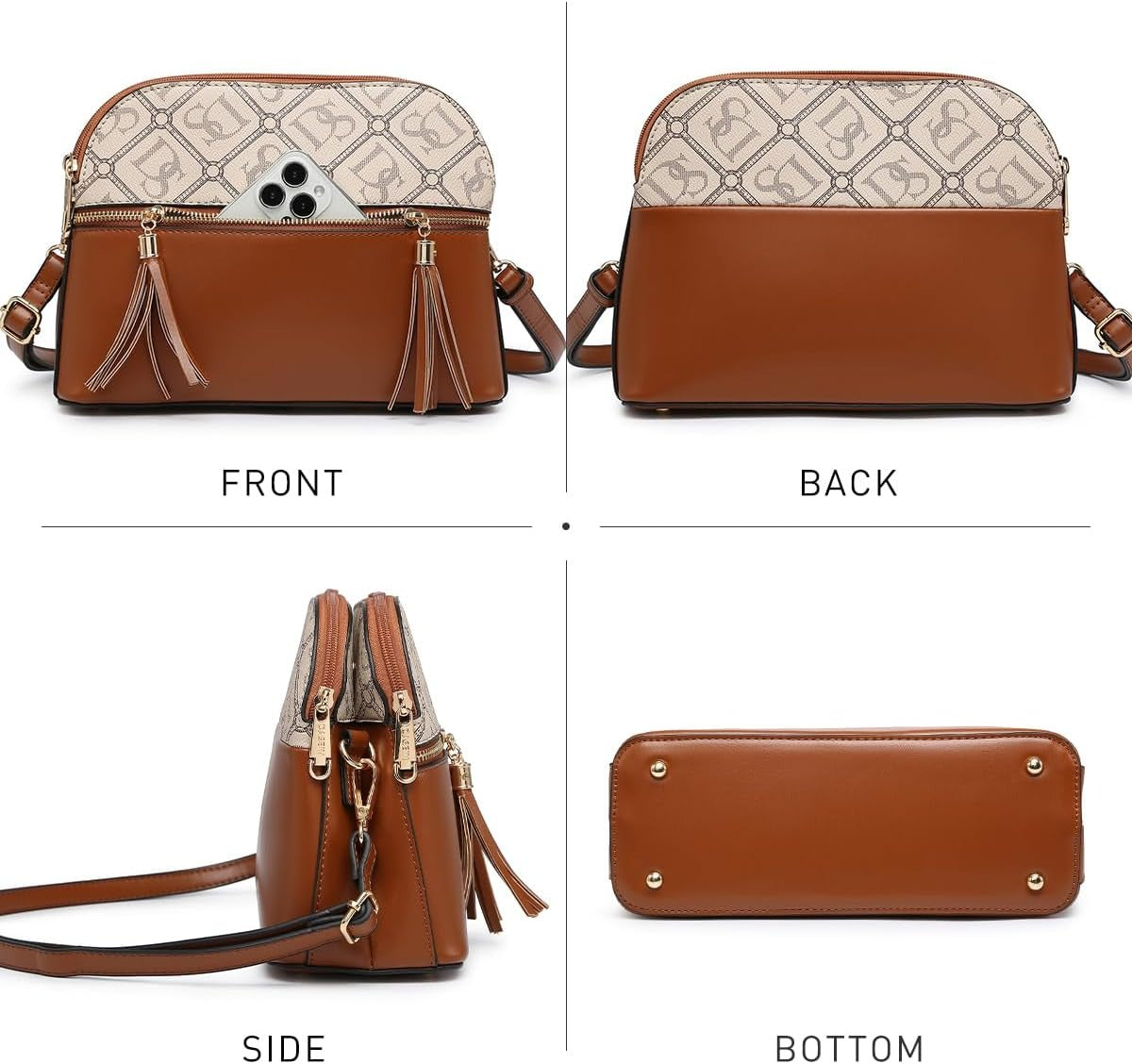 Women Tassel Zipper Pocket Crossbody Bag Shoulder Purse Fashion Travel Bag with Multi Pockets