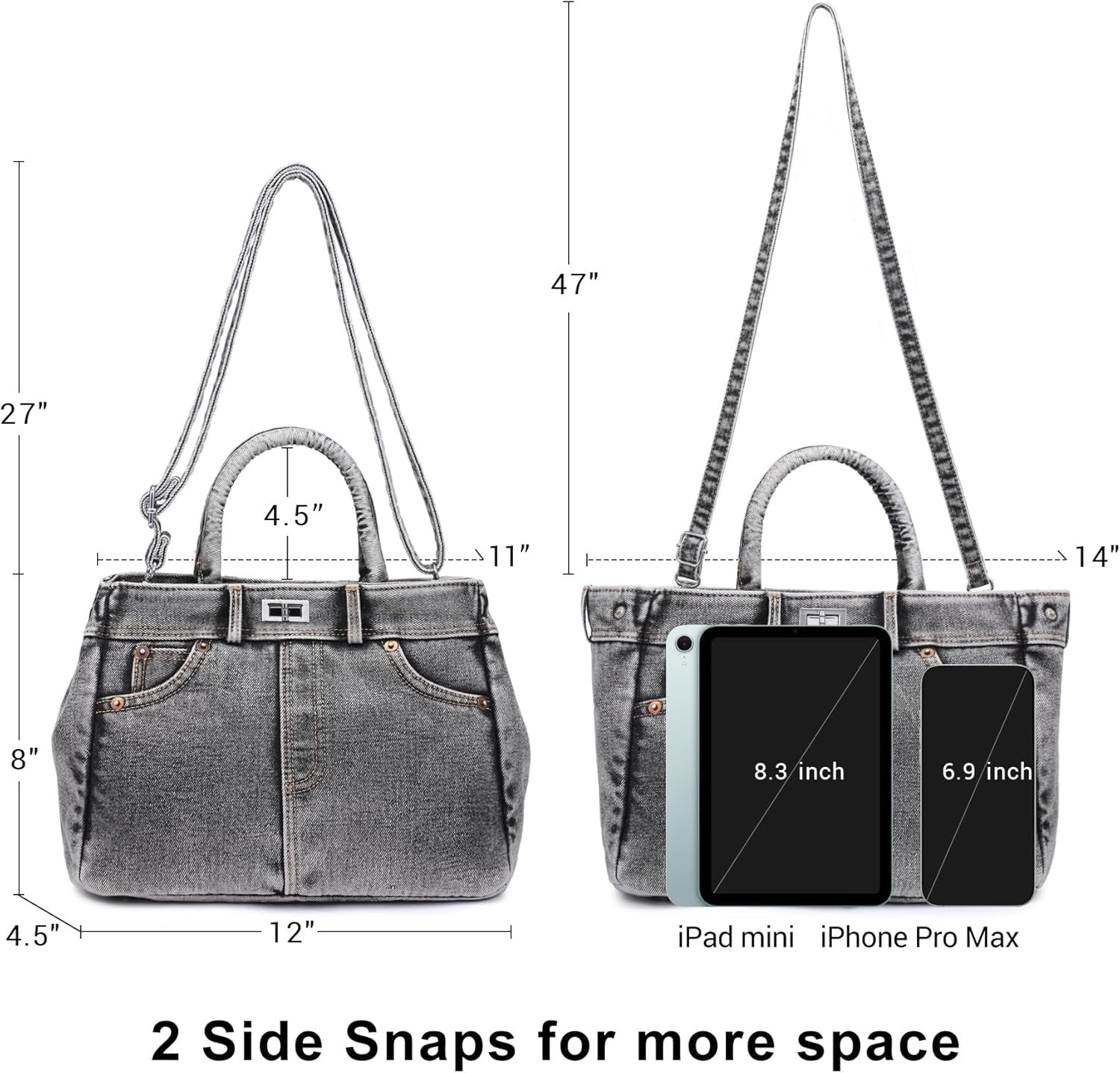 Trendy Denim Crossbody Bag Lightweight Satchel Shoulder Purse Handbag for Women w/Turn-Lock/Long Strap/Top Handle