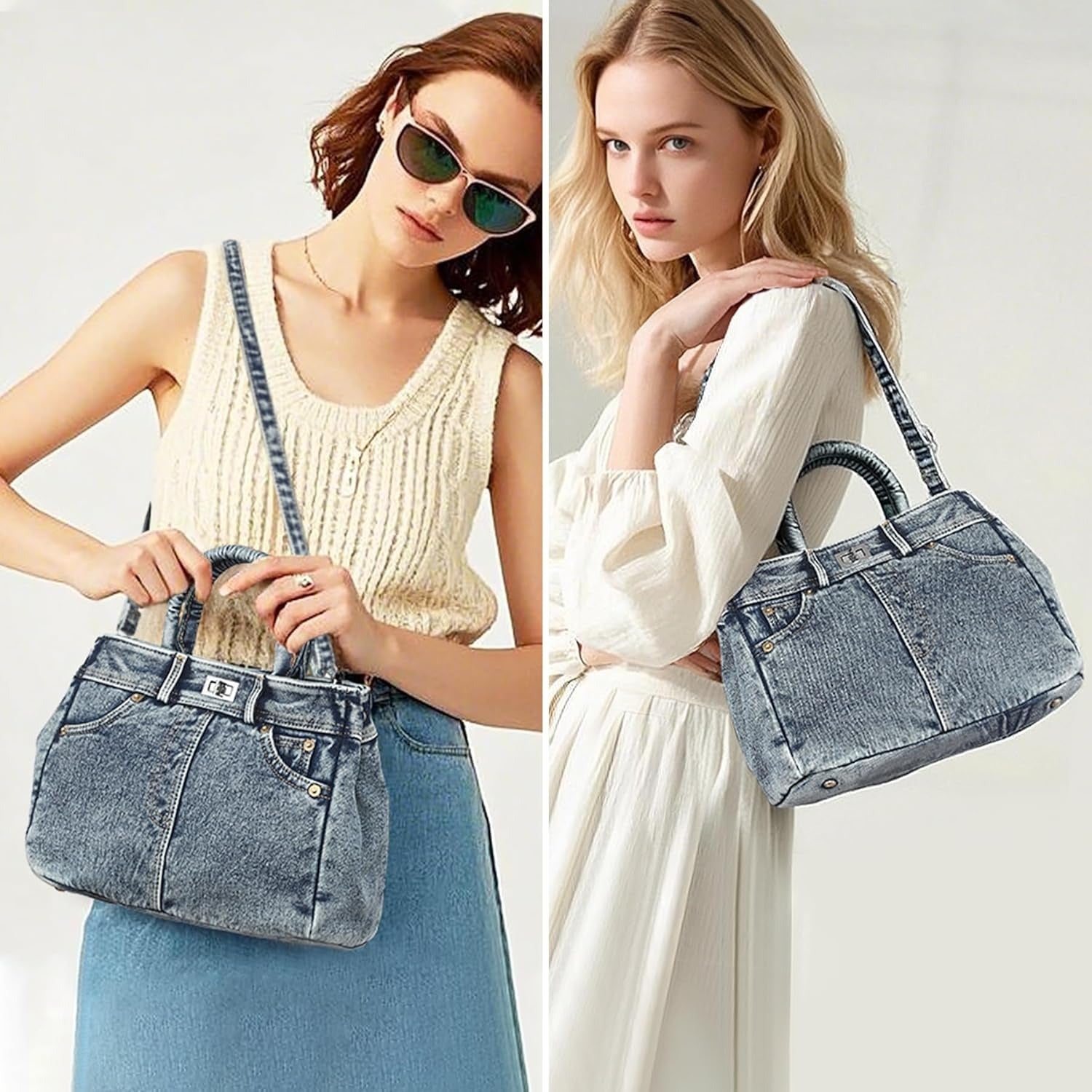 Trendy Denim Crossbody Bag Lightweight Satchel Shoulder Purse Handbag for Women w/Turn-Lock/Long Strap/Top Handle