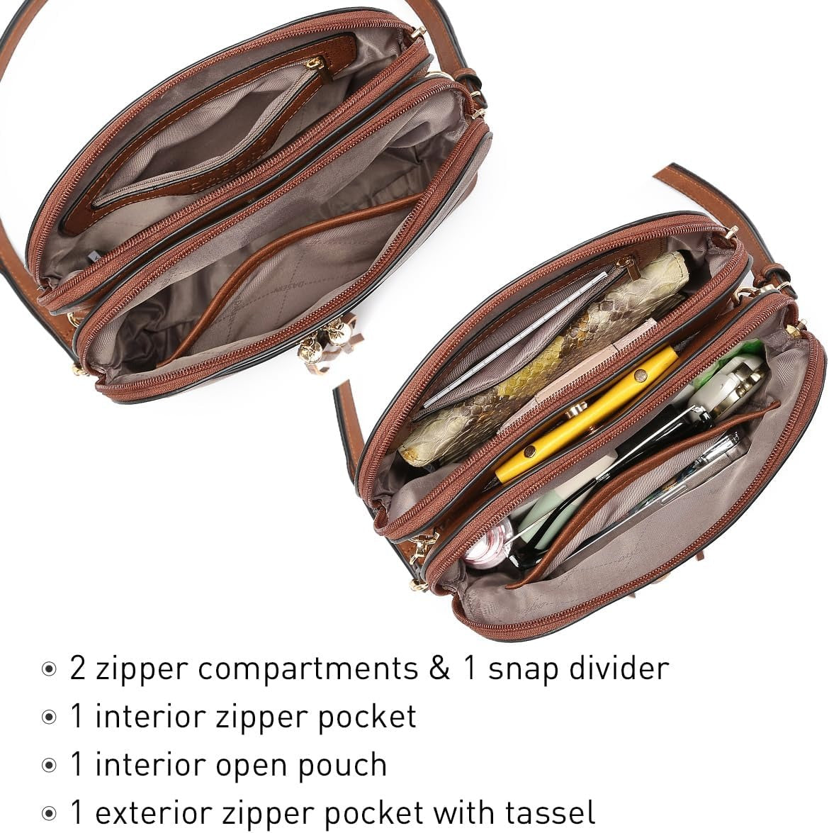 Women Tassel Zipper Pocket Crossbody Bag Shoulder Purse Fashion Travel Bag with Multi Pockets