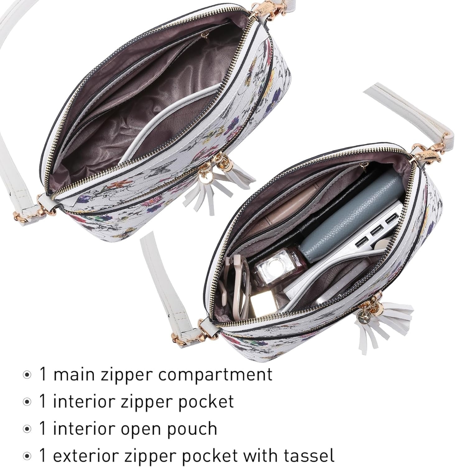 Women Tassel Zipper Pocket Crossbody Bag Shoulder Purse with Multi Pockets
