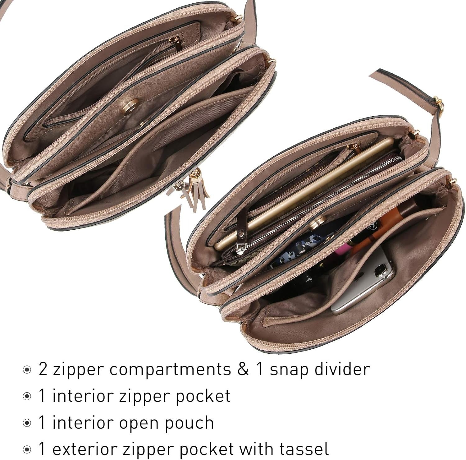 Women Tassel Zipper Pocket Crossbody Bag Shoulder Purse Fashion Travel Bag with Multi Pockets