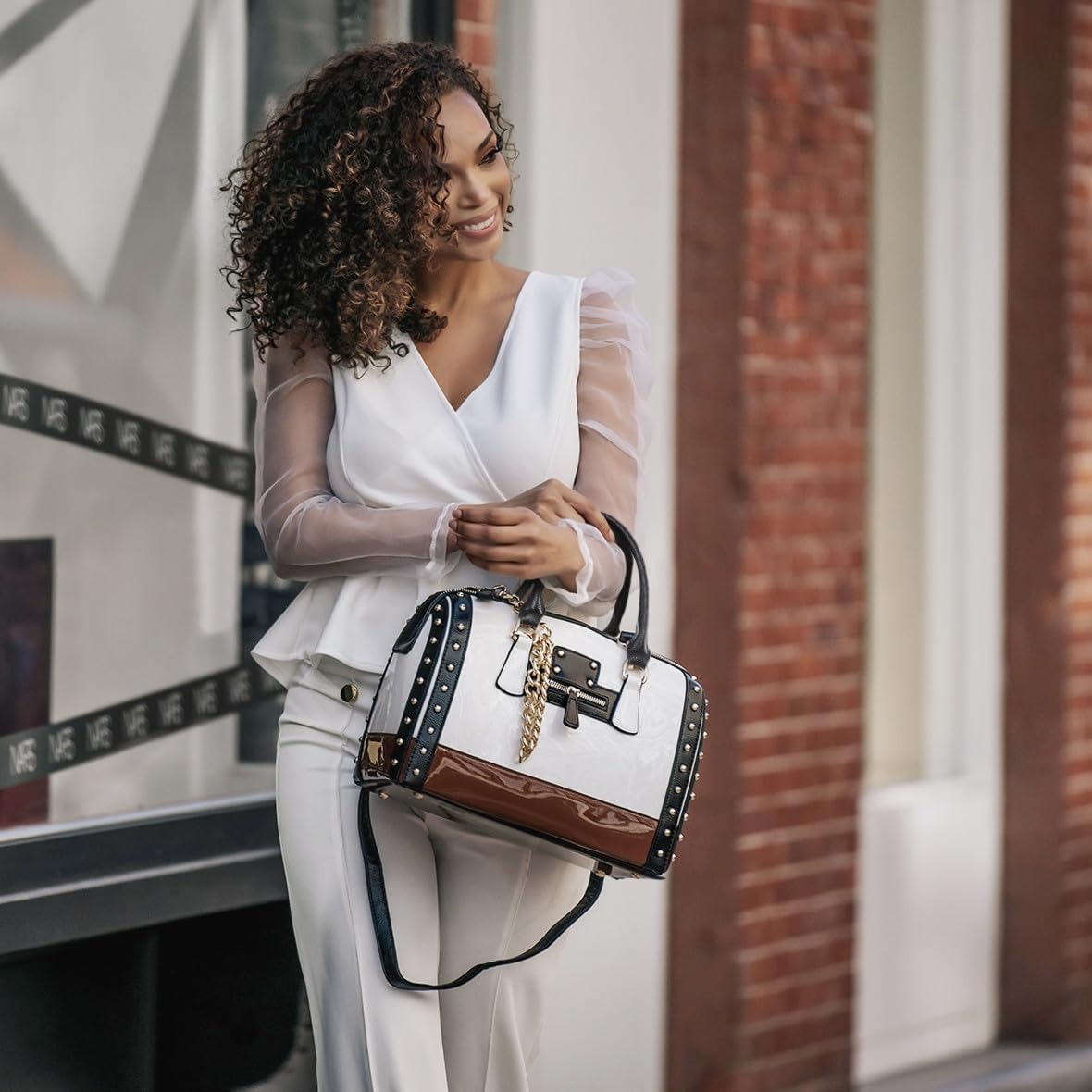 Women's Barrel Bag Shiny Patent Faux Leather Handbag with Rivet Decoration Top Handle Satchel Shoulder Purse
