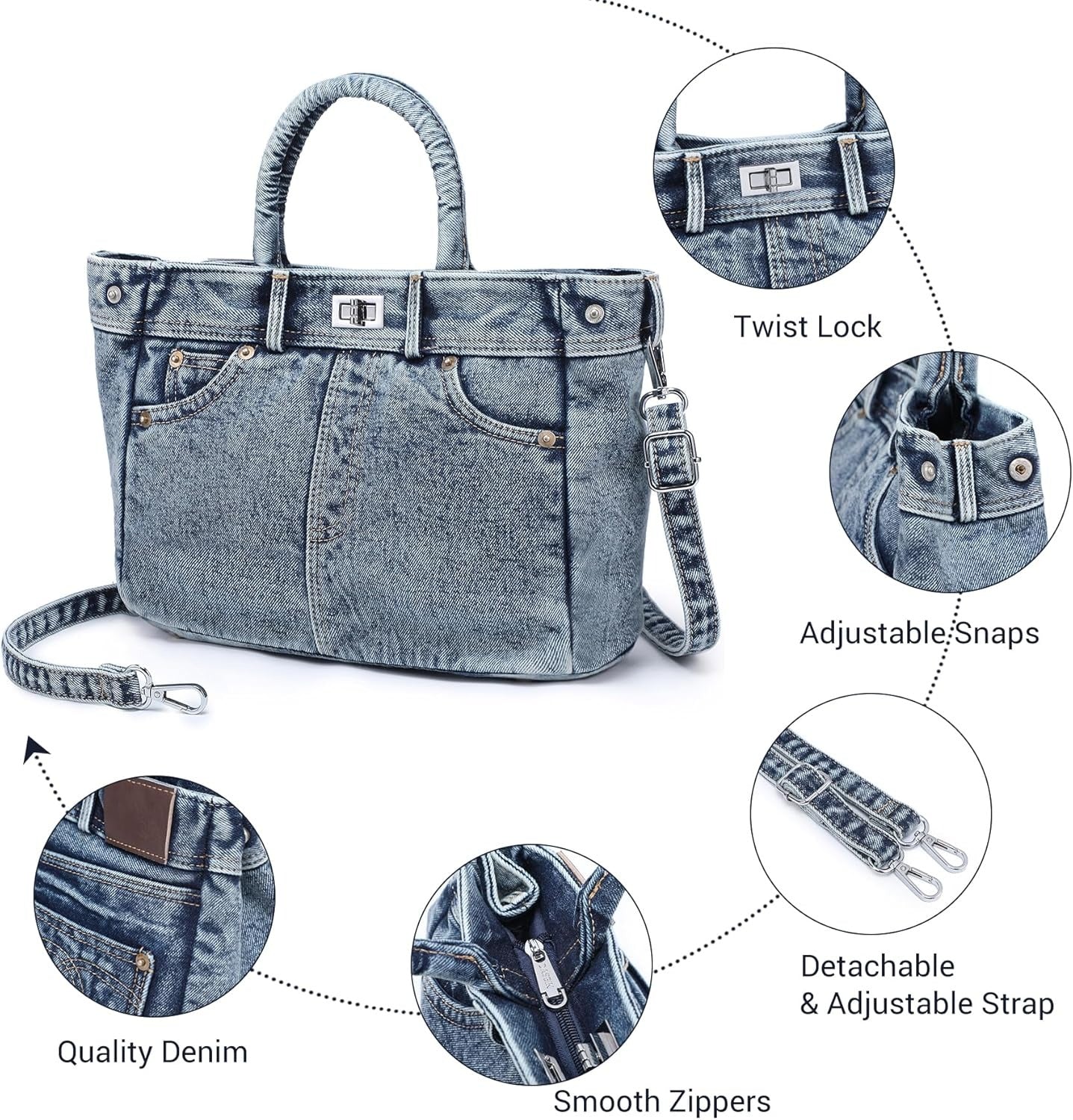 Trendy Denim Crossbody Bag Lightweight Satchel Shoulder Purse Handbag for Women w/Turn-Lock/Long Strap/Top Handle