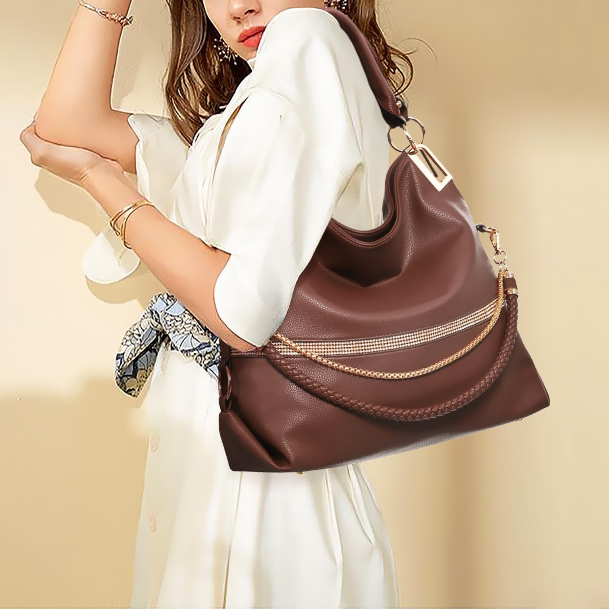 Women's Large Hobo Bag with Rhinestone Accents Vegan Leather Tote Purse Shoulder Handbag for Ladies