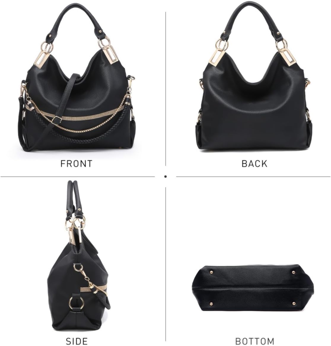 Women's Large Hobo Bag with Rhinestone Accents Vegan Leather Tote Purse Shoulder Handbag for Ladies